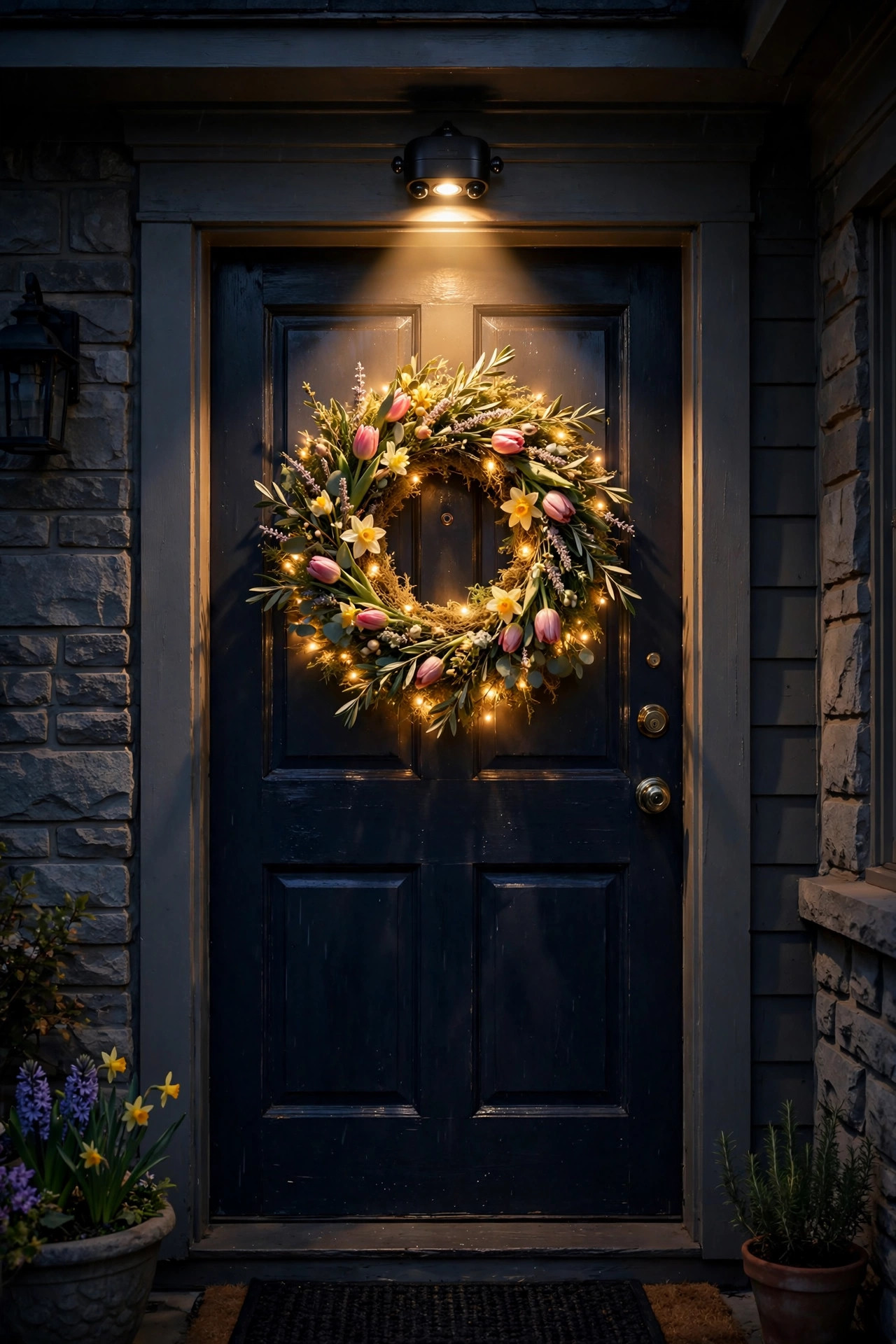 Motion-sensor spotlight illuminating a lit spring wreath on a front door at night