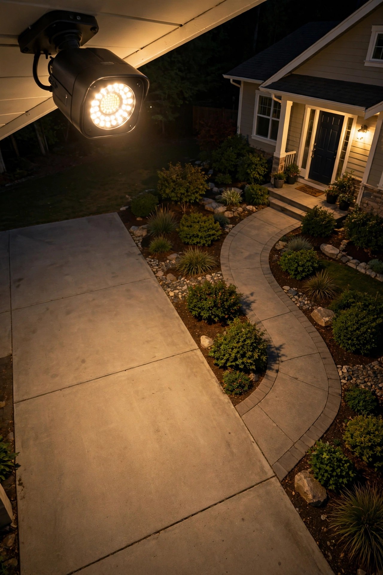 Person silhouette walking a driveway at night under a flood light camera, checking the live feed on a phone screen