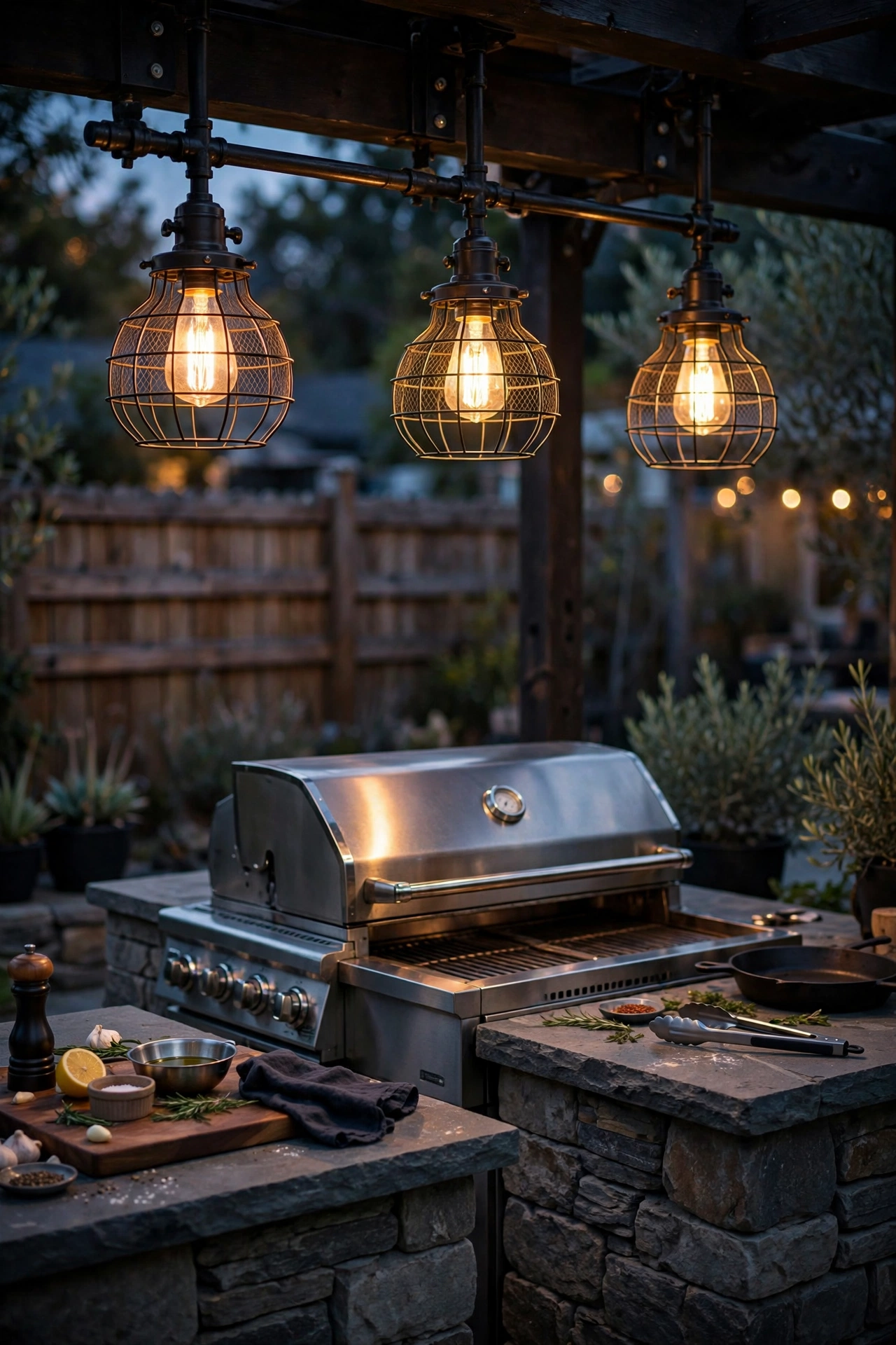 Industrial wire-cage task lights mounted over an outdoor kitchen grill and prep counter