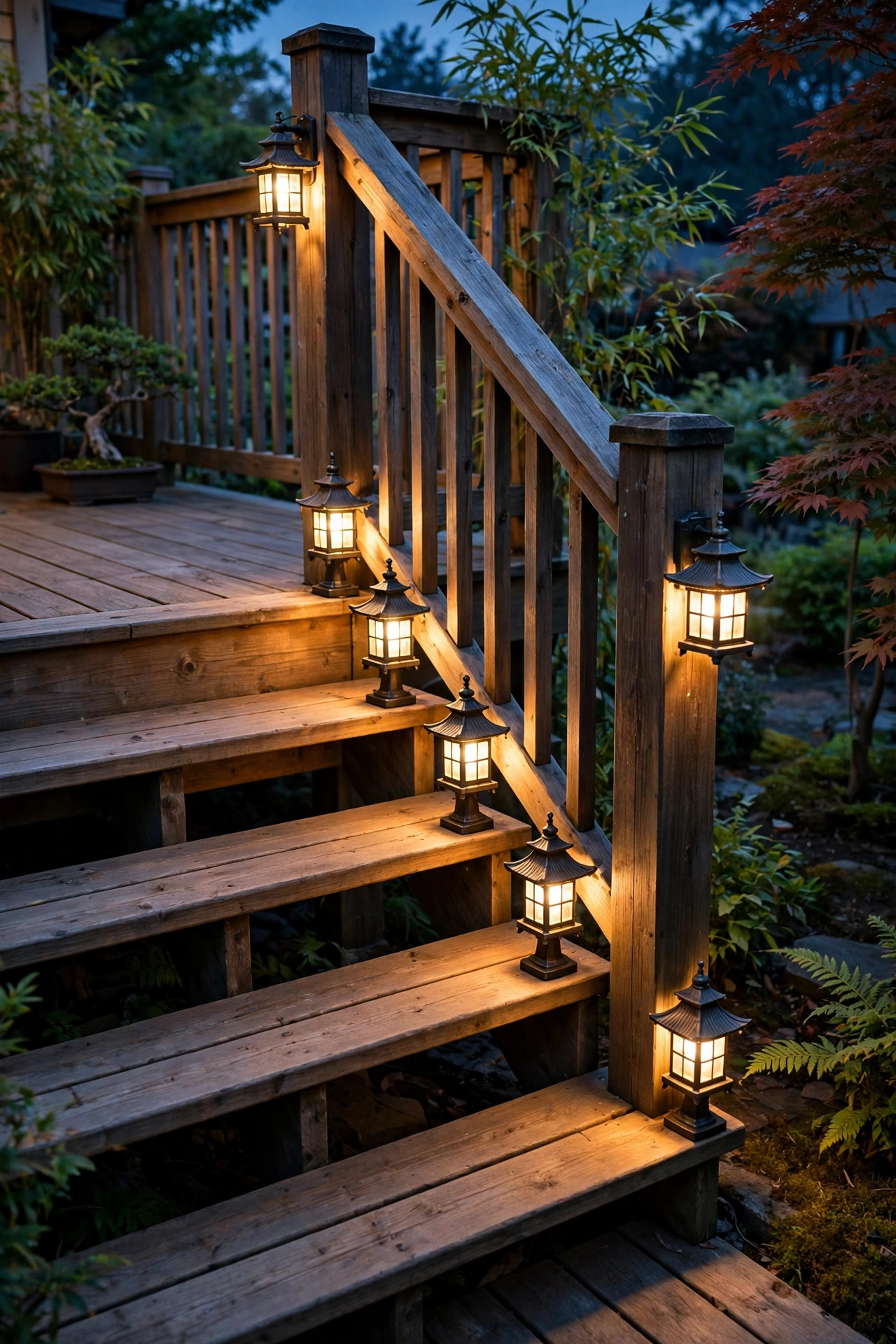 Pagoda lantern lights mounted on deck step corners lighting wooden patio stairs at dusk