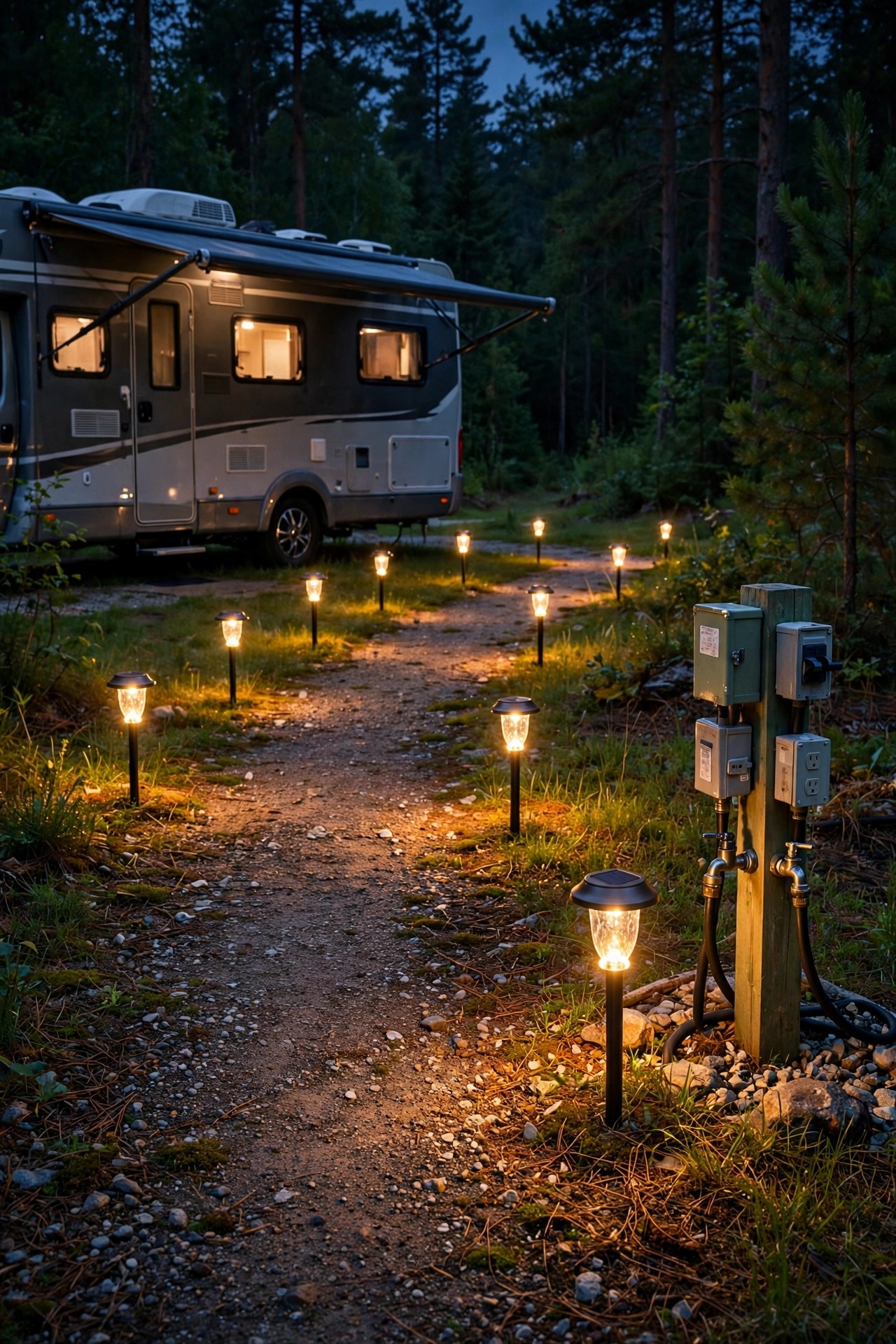 Solar stake lights lining a short path from an RV to the campsite hookup post at night
