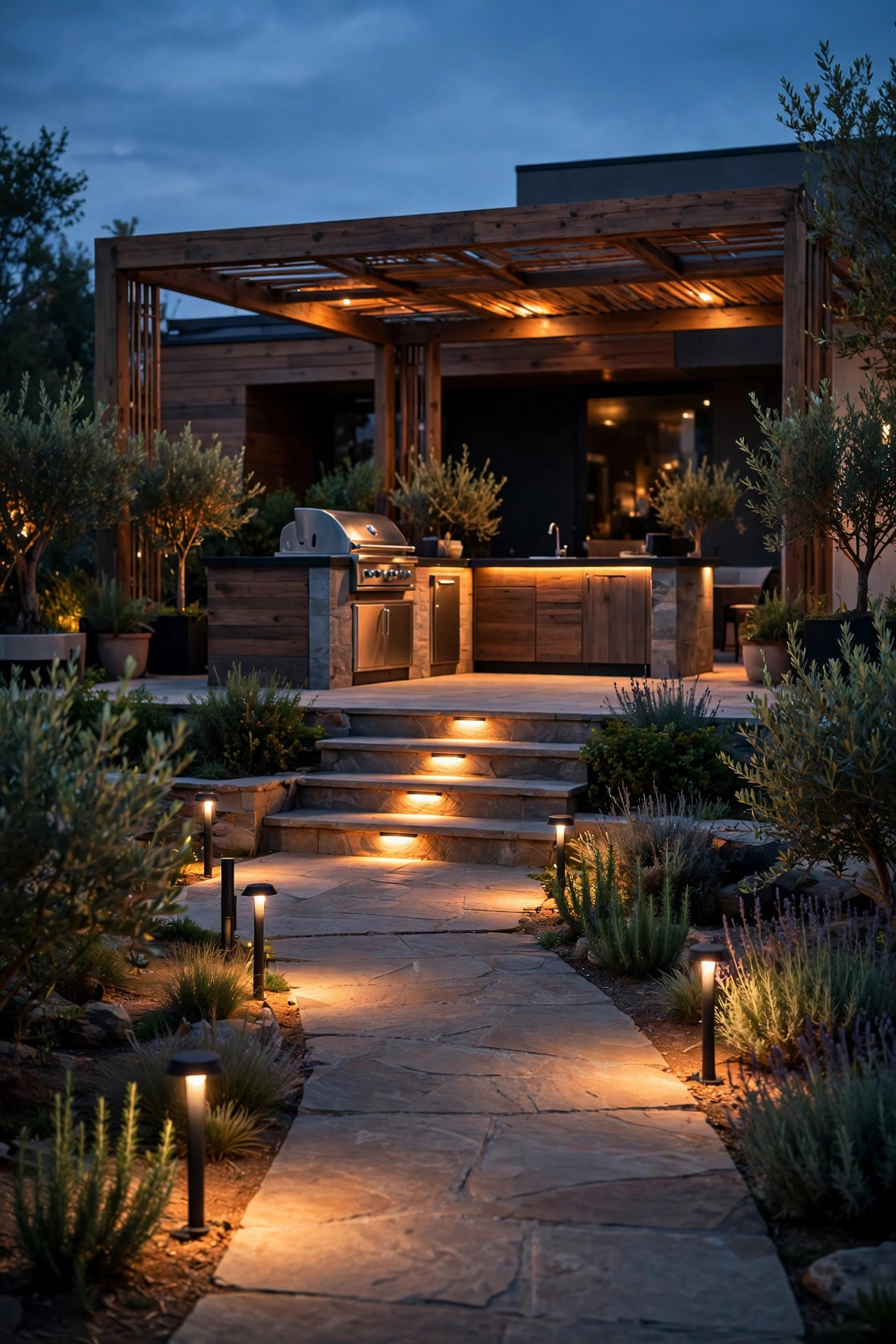 Low path lights and step lights guiding the way across a patio to an outdoor kitchen island