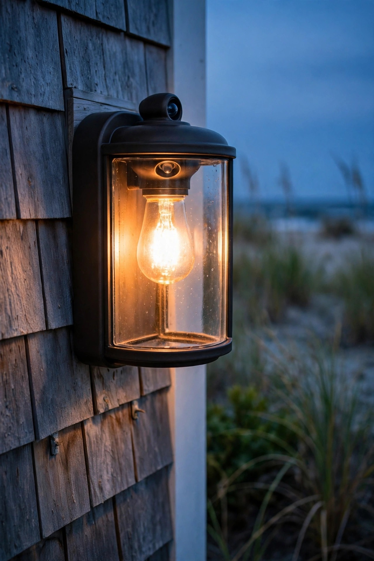 Dusk to dawn photocell bulb glowing inside a sealed porch fixture on a beach house