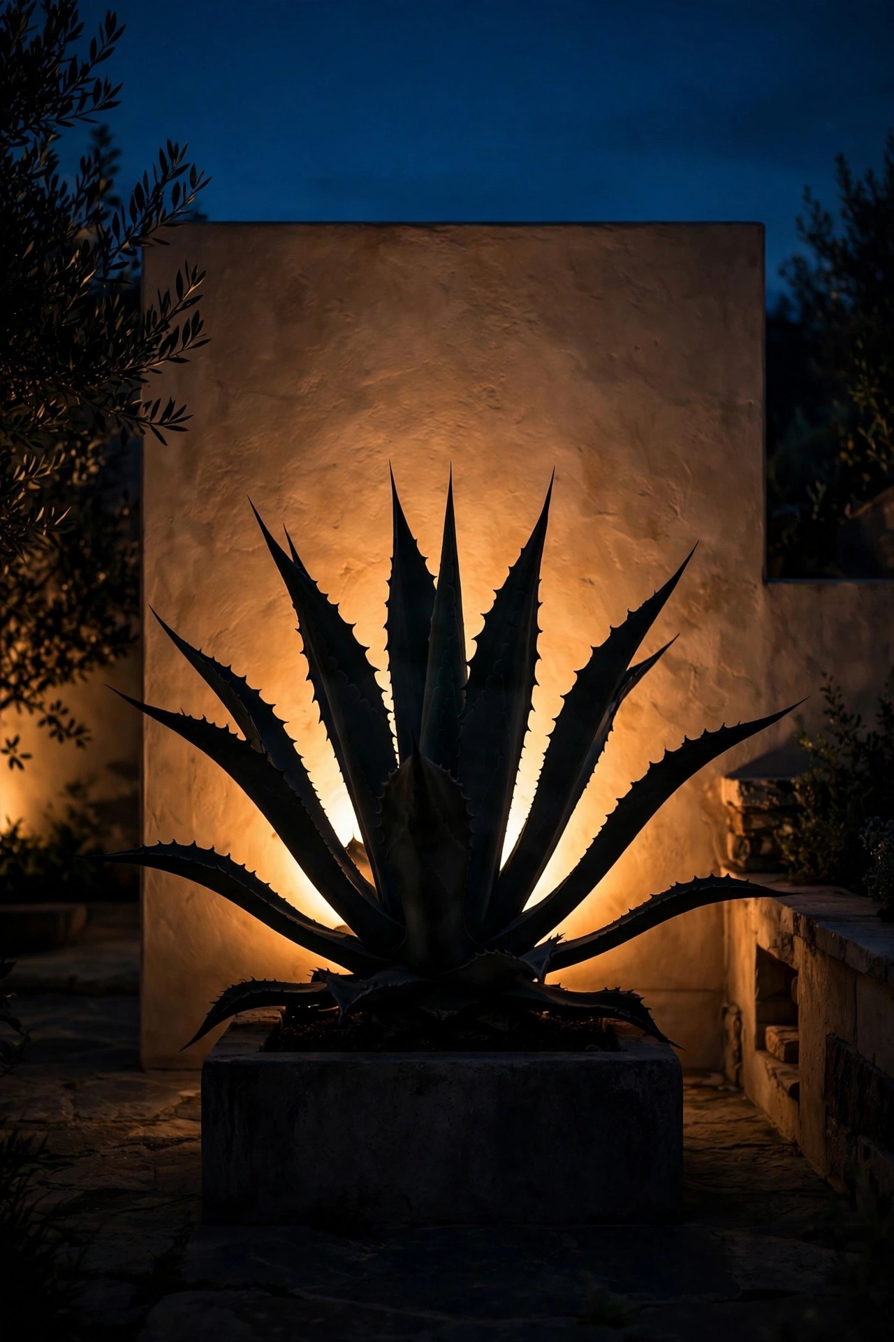 A sculptural agave plant silhouetted in black against a warm glowing garden wall at night, backlit by a hidden spotlight in a luxury courtyard
