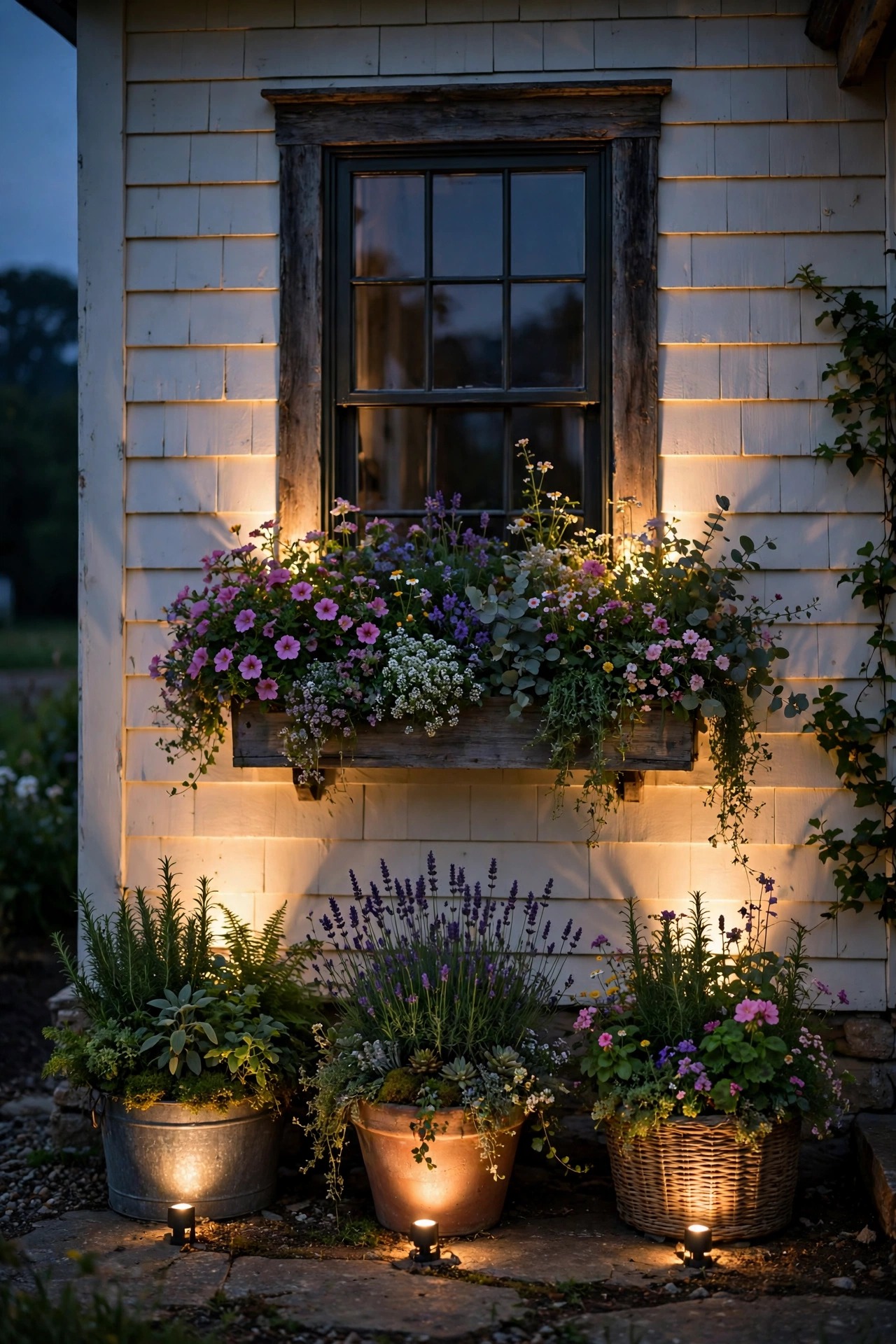 Small spotlights uplighting lush farmhouse planters and a flower-filled window box at dusk