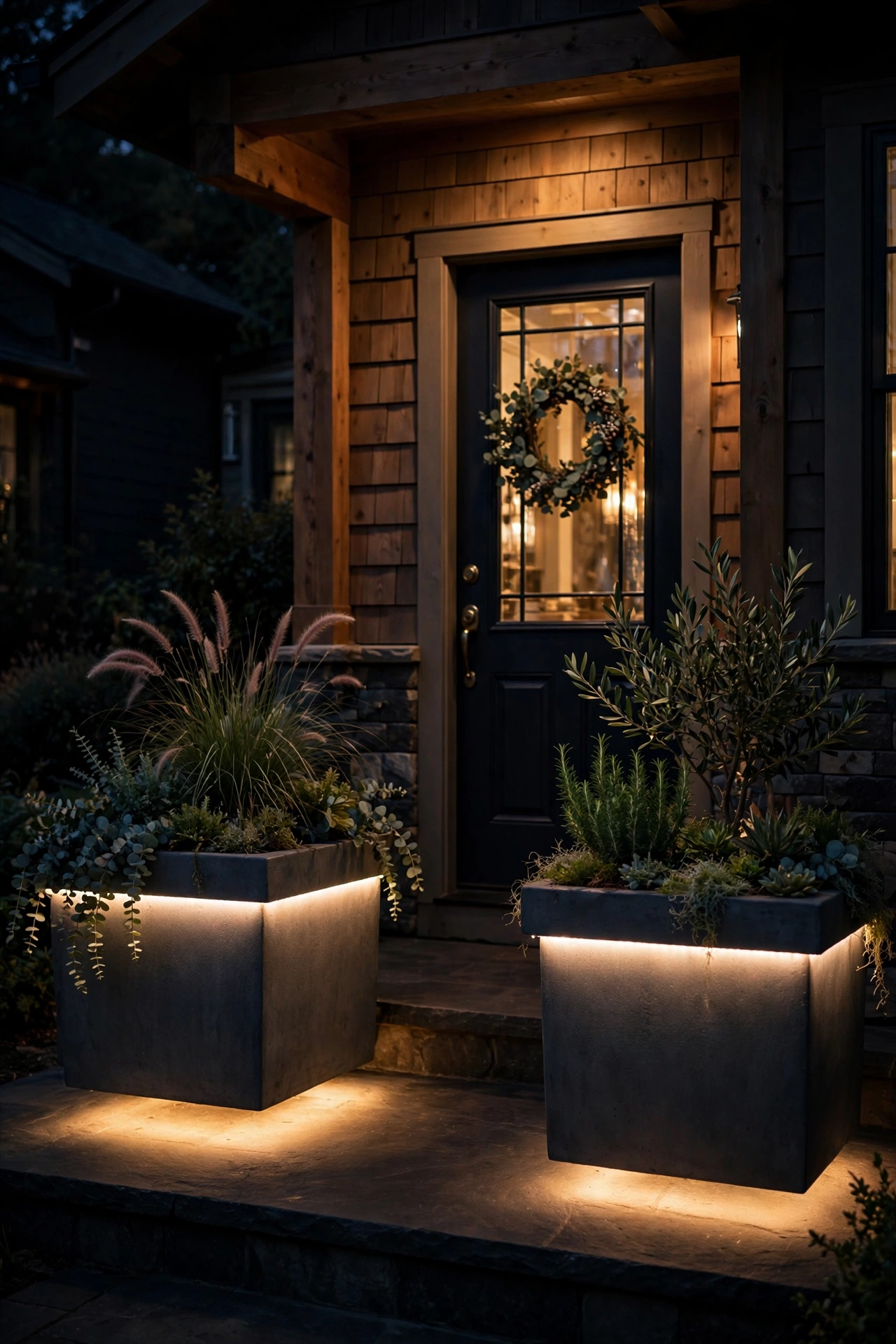 LED strip glowing under entry planters making them appear to float at night