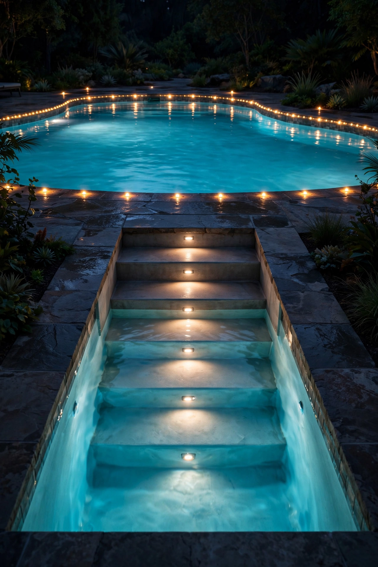 Recessed step lights marking pool stairs and glowing pool edge at night