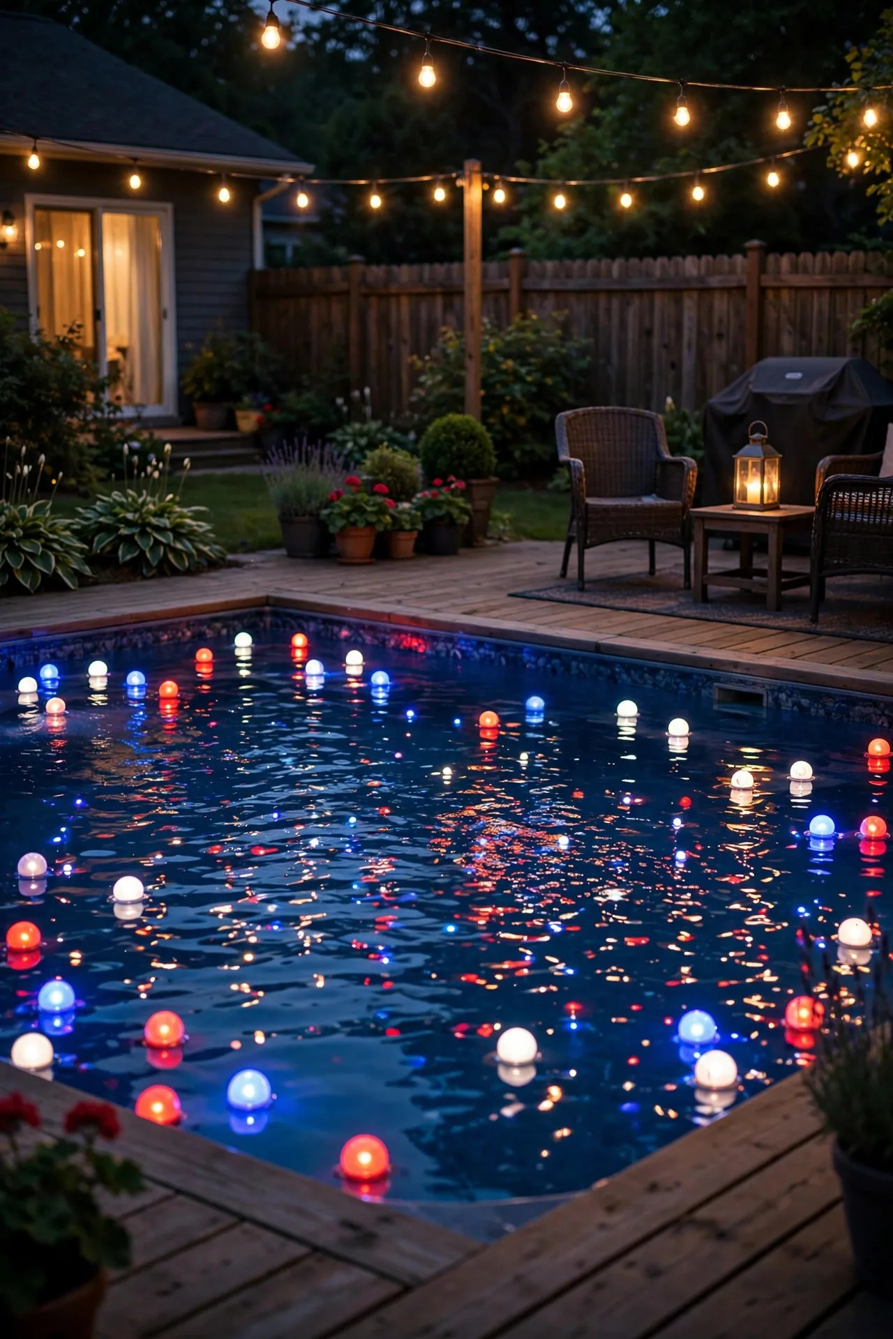 Floating red, white, and blue LED lights glowing in a backyard pool at night