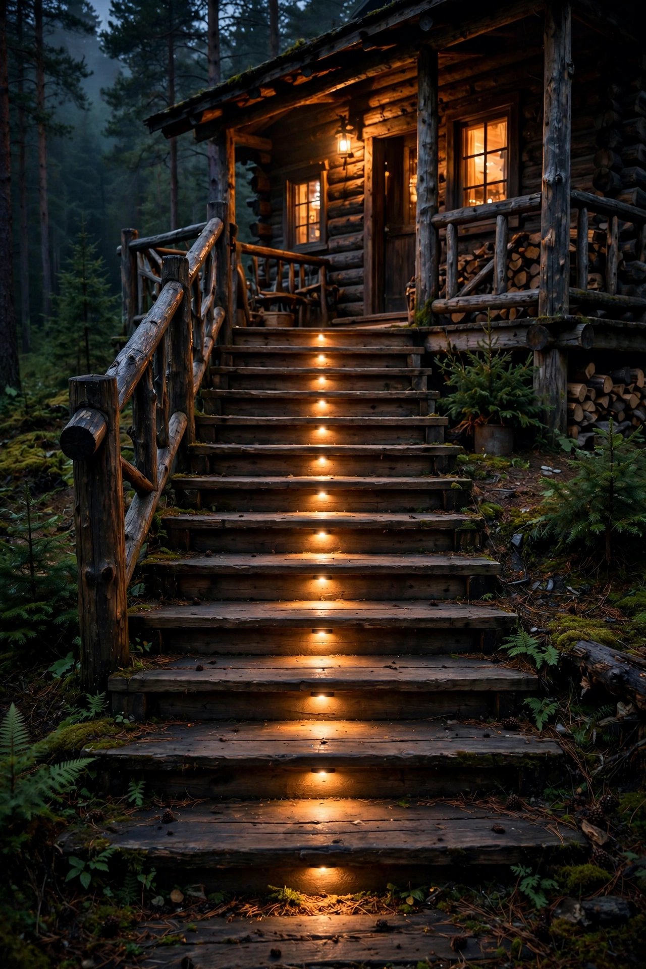 Recessed step lights glowing softly on wooden porch stairs of a rustic cabin at night