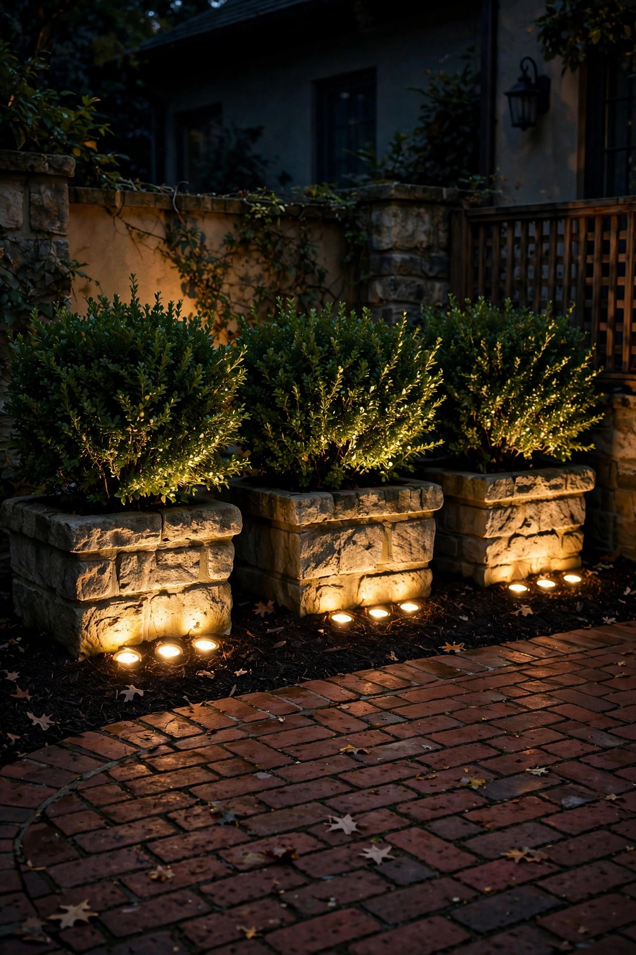 Puck lights glowing at the base of courtyard planters at night