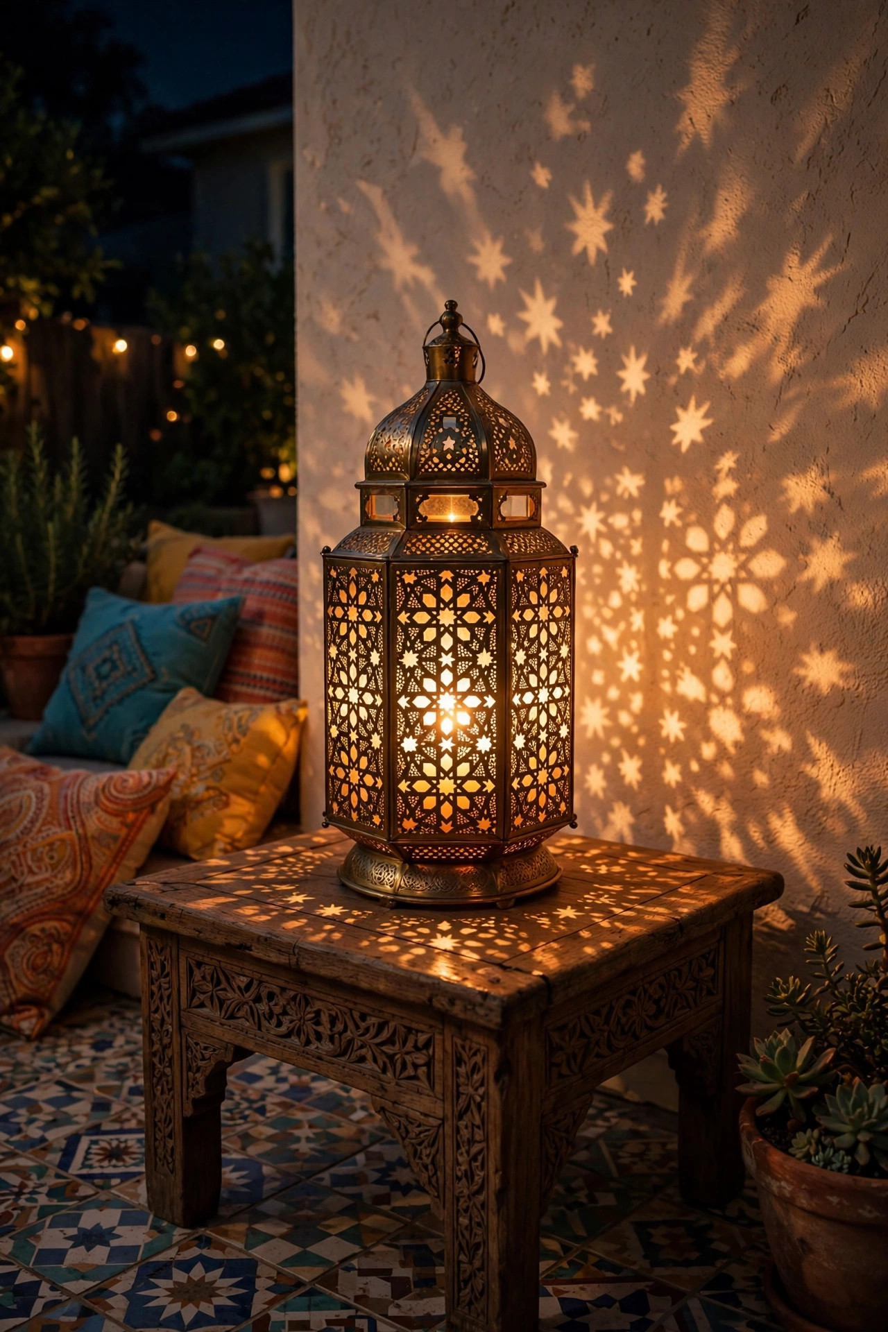 Punched-metal Moroccan outdoor table lamp casting patterned light on a patio wall