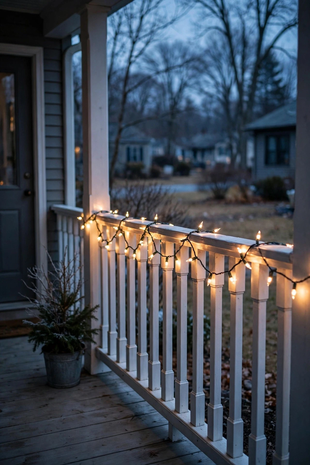 Warm white string lights kept up on a porch railing for a simple January winter look