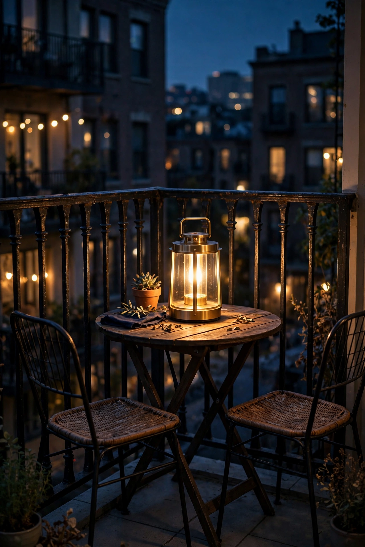 Rechargeable LED lantern glowing as a centerpiece on a small balcony table