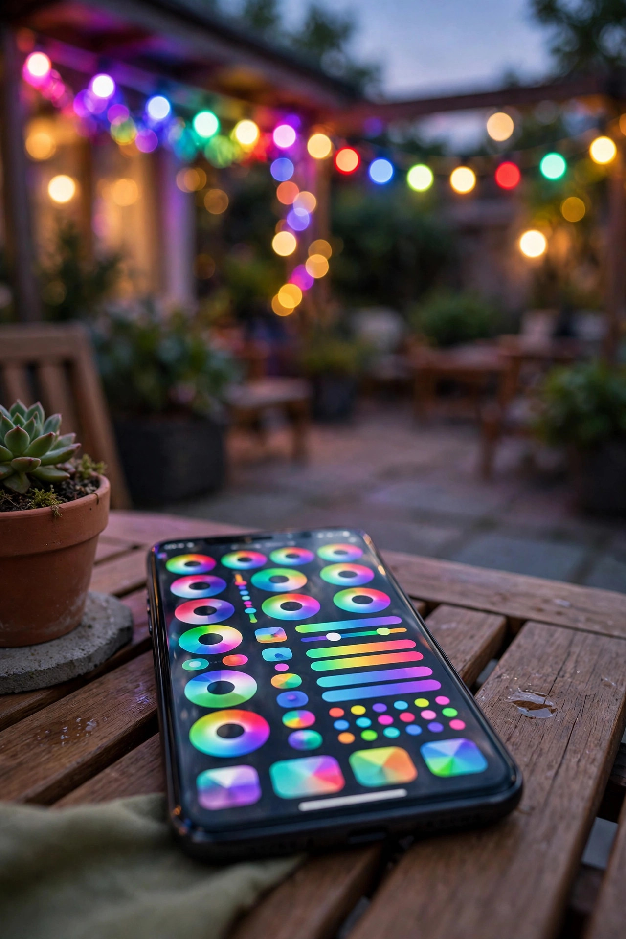 Homeowner's phone showing saved RGB lighting scenes for holidays and game day with a color-lit patio behind it