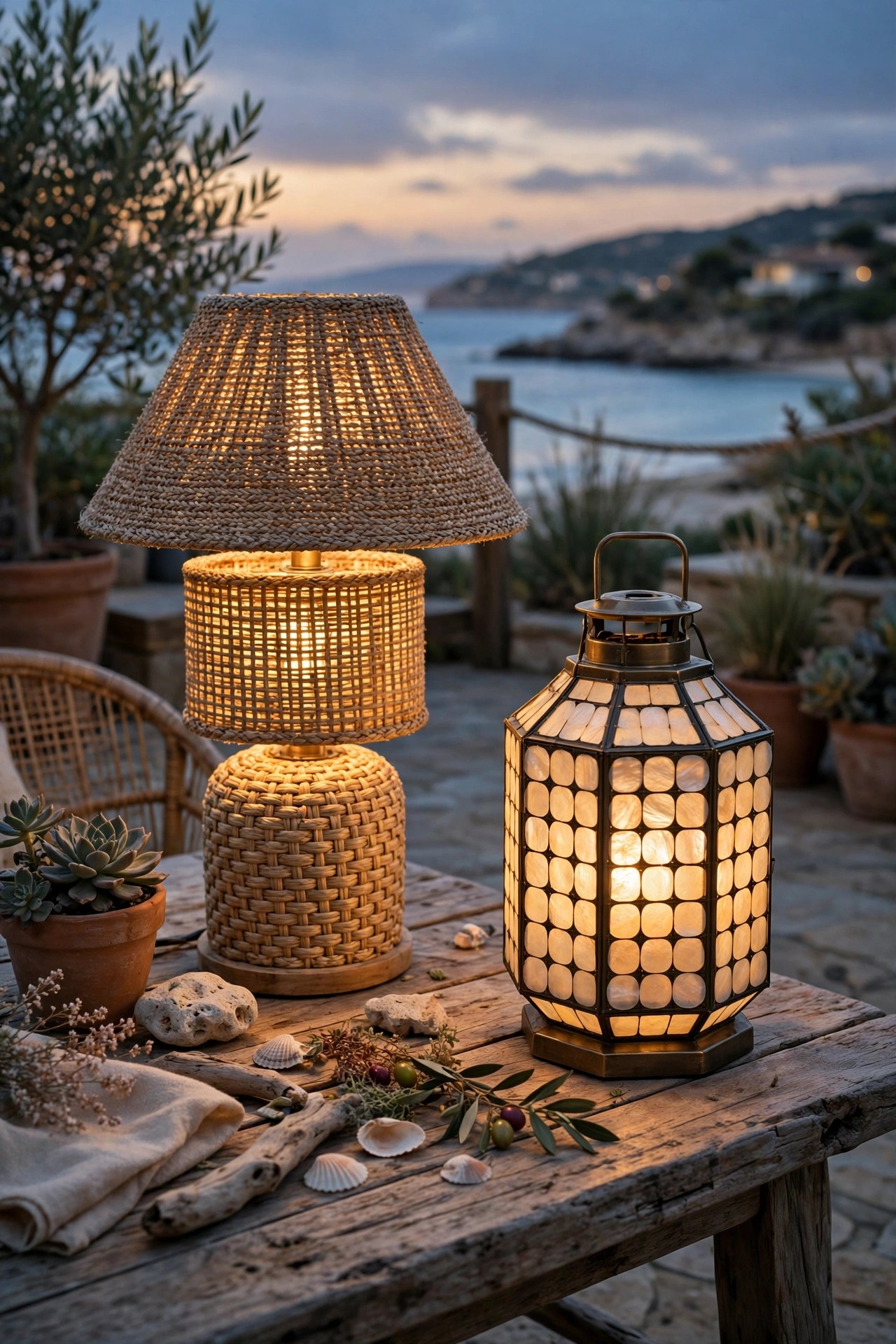 Seagrass table lamp and capiz shell lantern glowing softly on a coastal patio