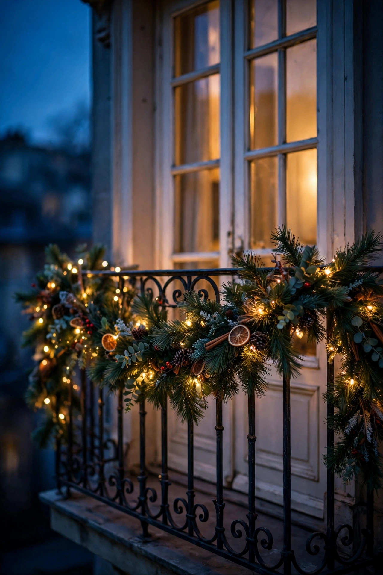 Juliet balcony railing with warm fairy lights filtered through faux pine garland and seasonal accents at dusk