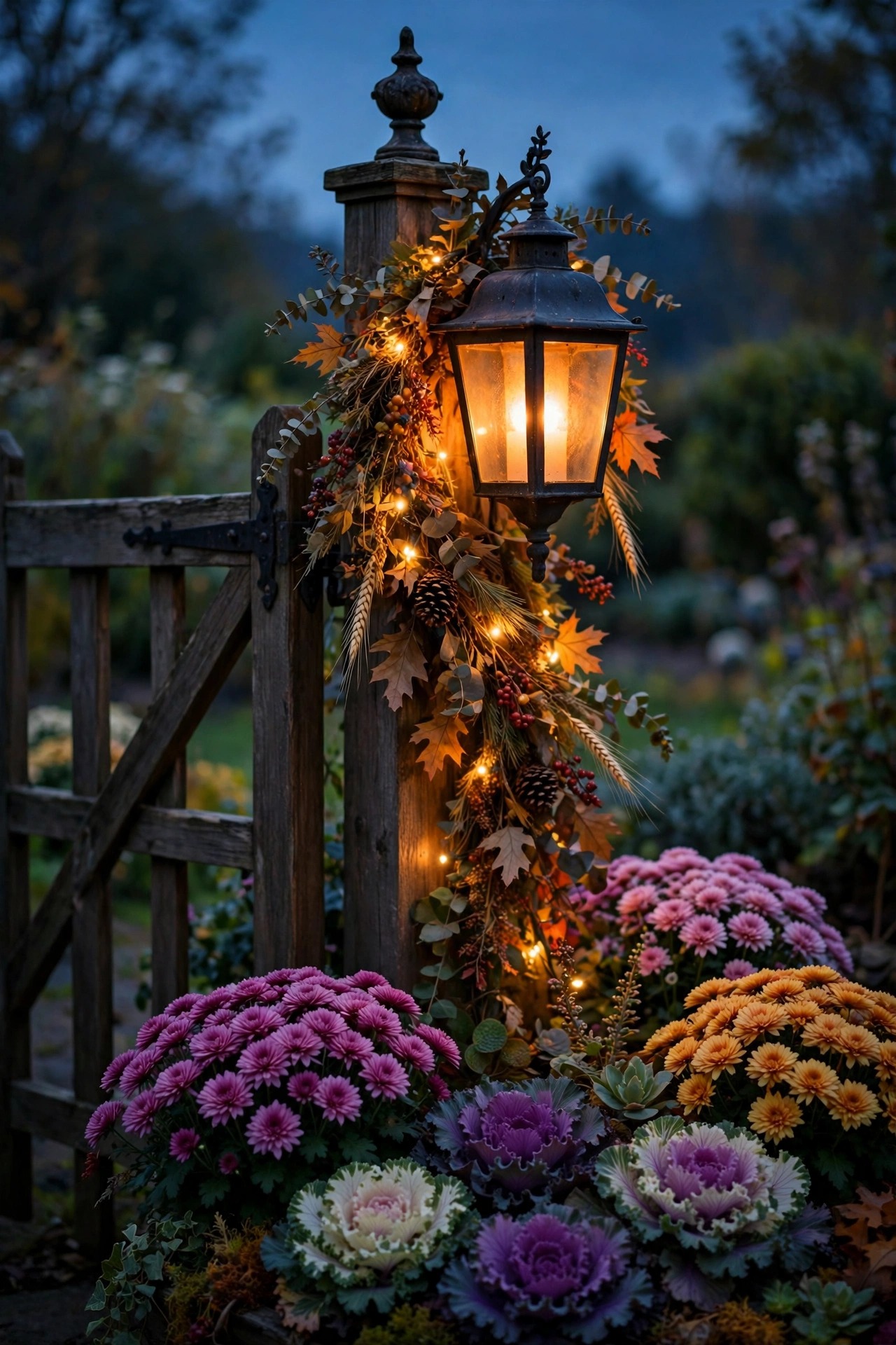 Garden gate lantern at dusk dressed with an autumn garland and warm fairy lights among mums and ornamental kale