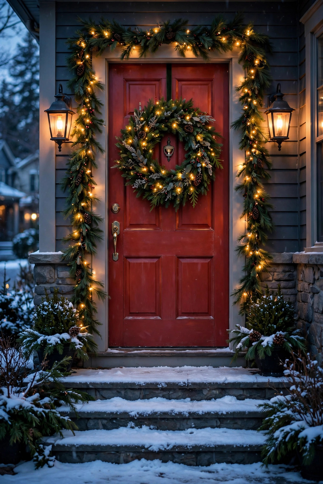 Lit wreath with warm lights on a front door glowing at dusk