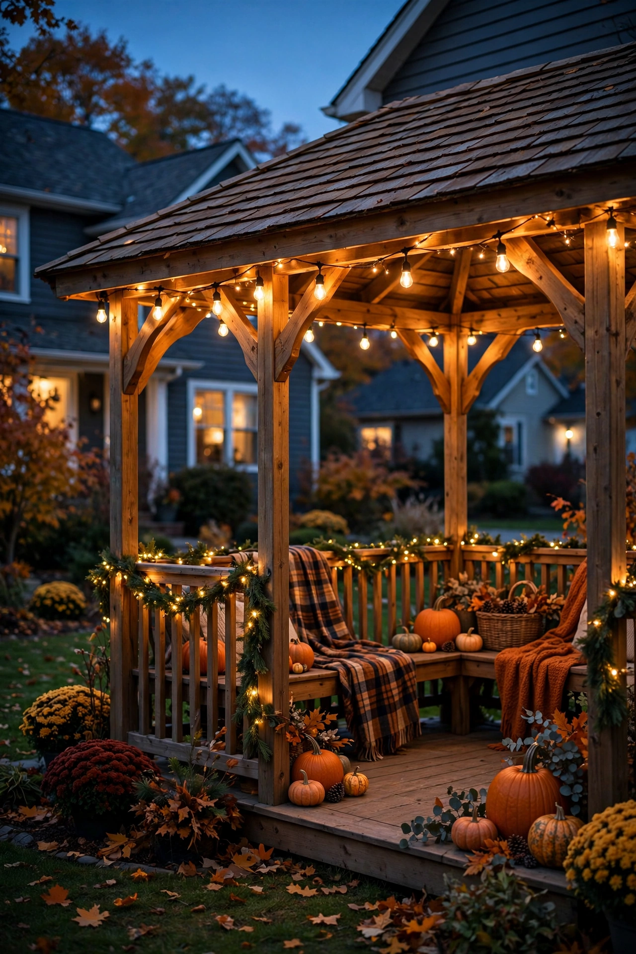 Gazebo string lights woven through autumn leaf garlands for seasonal gazebo lighting