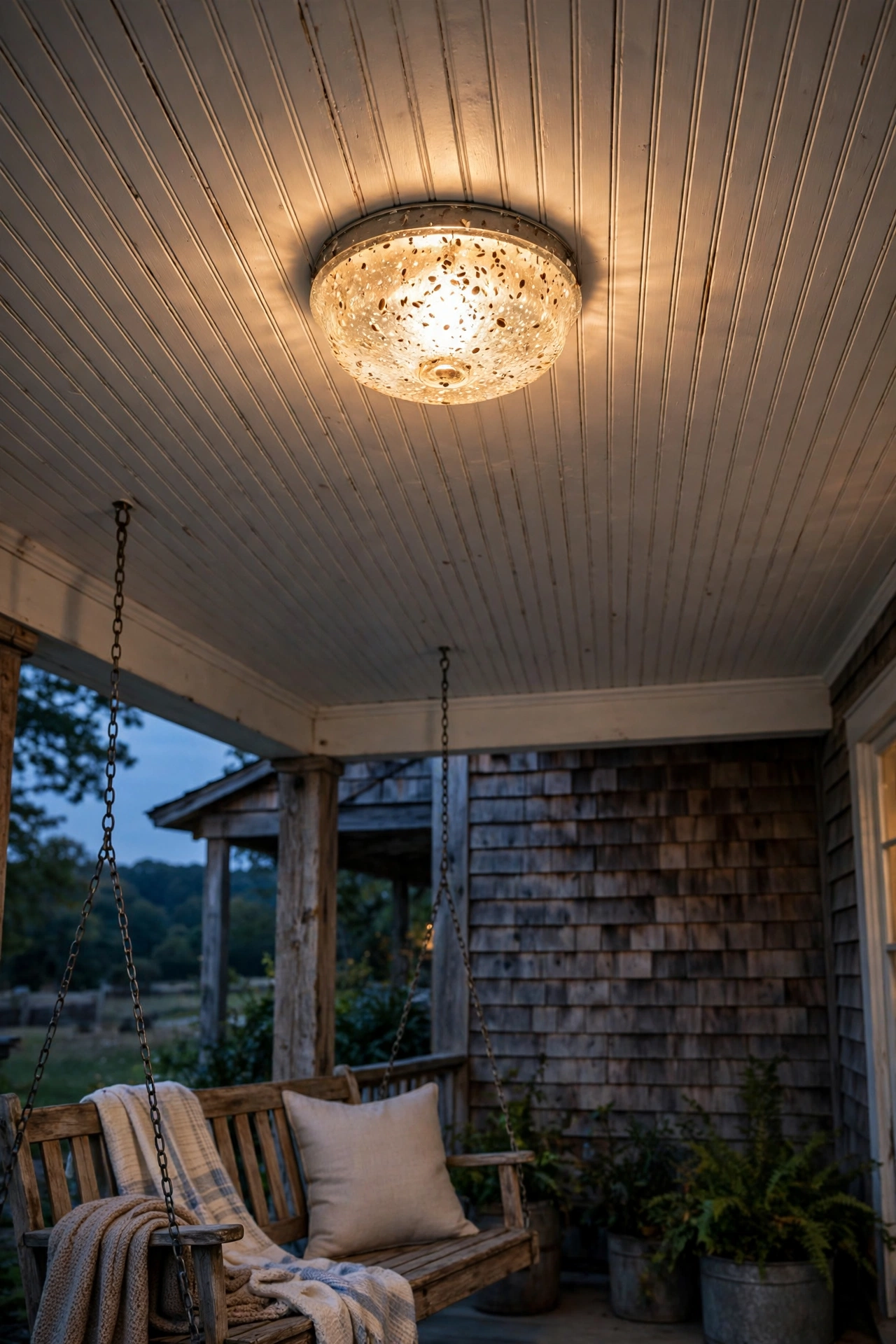 Seeded-glass flush mount ceiling light with galvanized finish glowing on a farmhouse porch