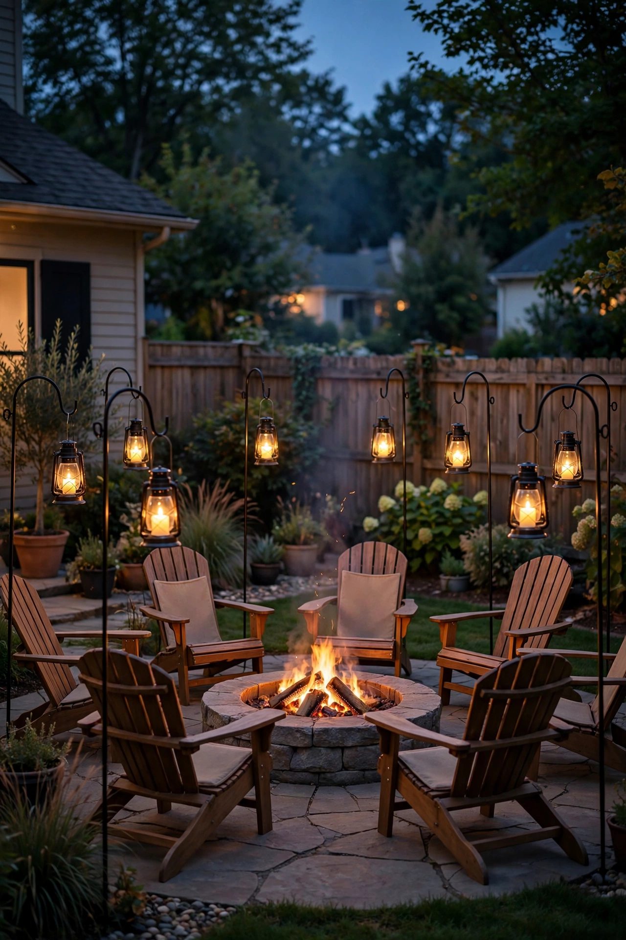 Lanterns hanging from shepherd's hooks glowing around a fire pit seating area