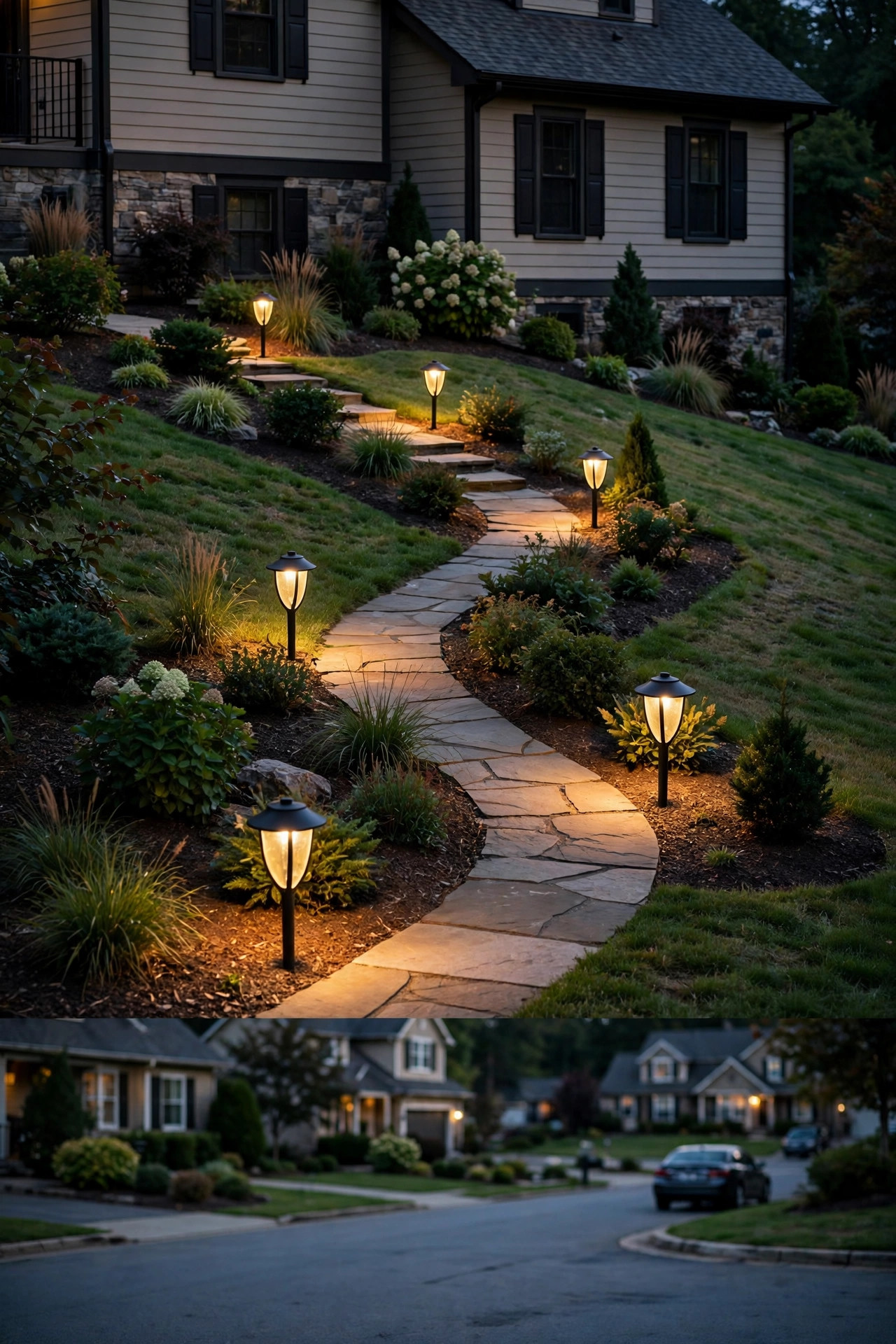 Shielded path lights on a sloped front yard glowing warmly without glare toward the street below