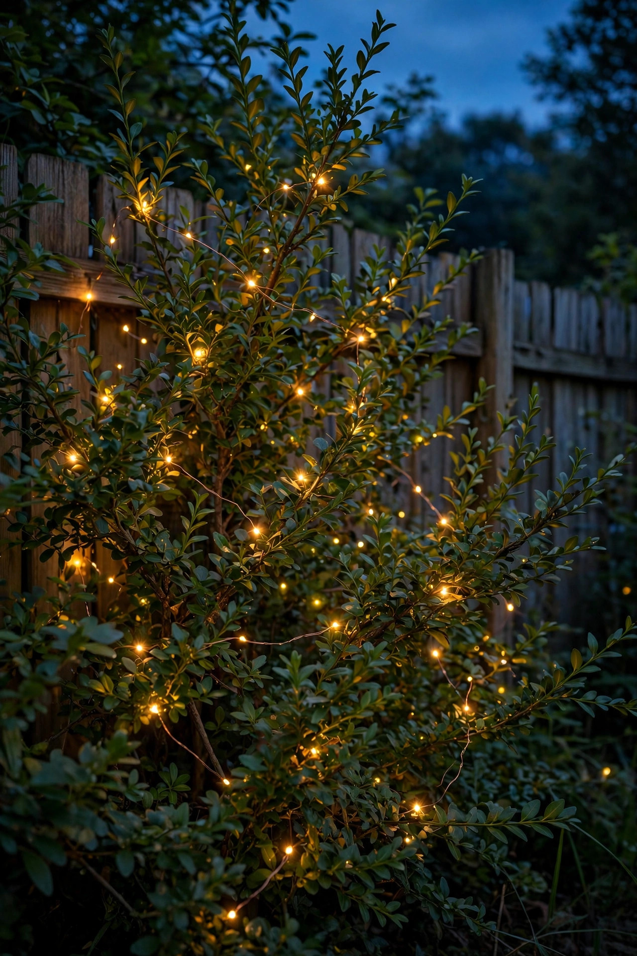 Copper-wire fairy lights twinkling inside a leafy shrub along a fence line at dusk like fireflies