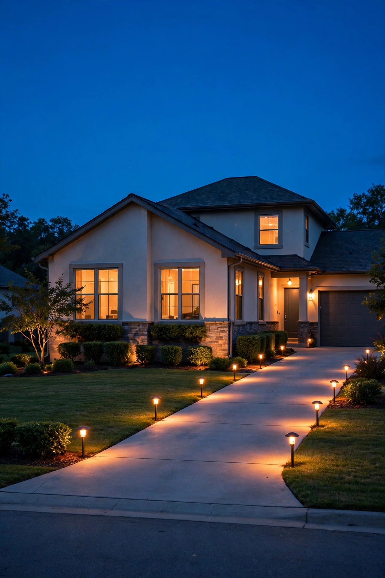 tidy suburban front yard at dusk with trimmed shrubs below window height, clear open sightlines and warm driveway lights visible from the street