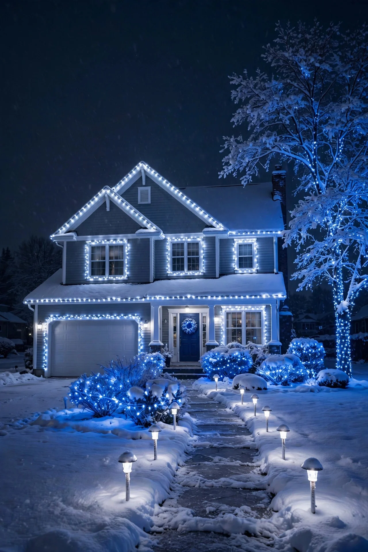 House decorated entirely in icy blue and white Christmas lights on a snowy night