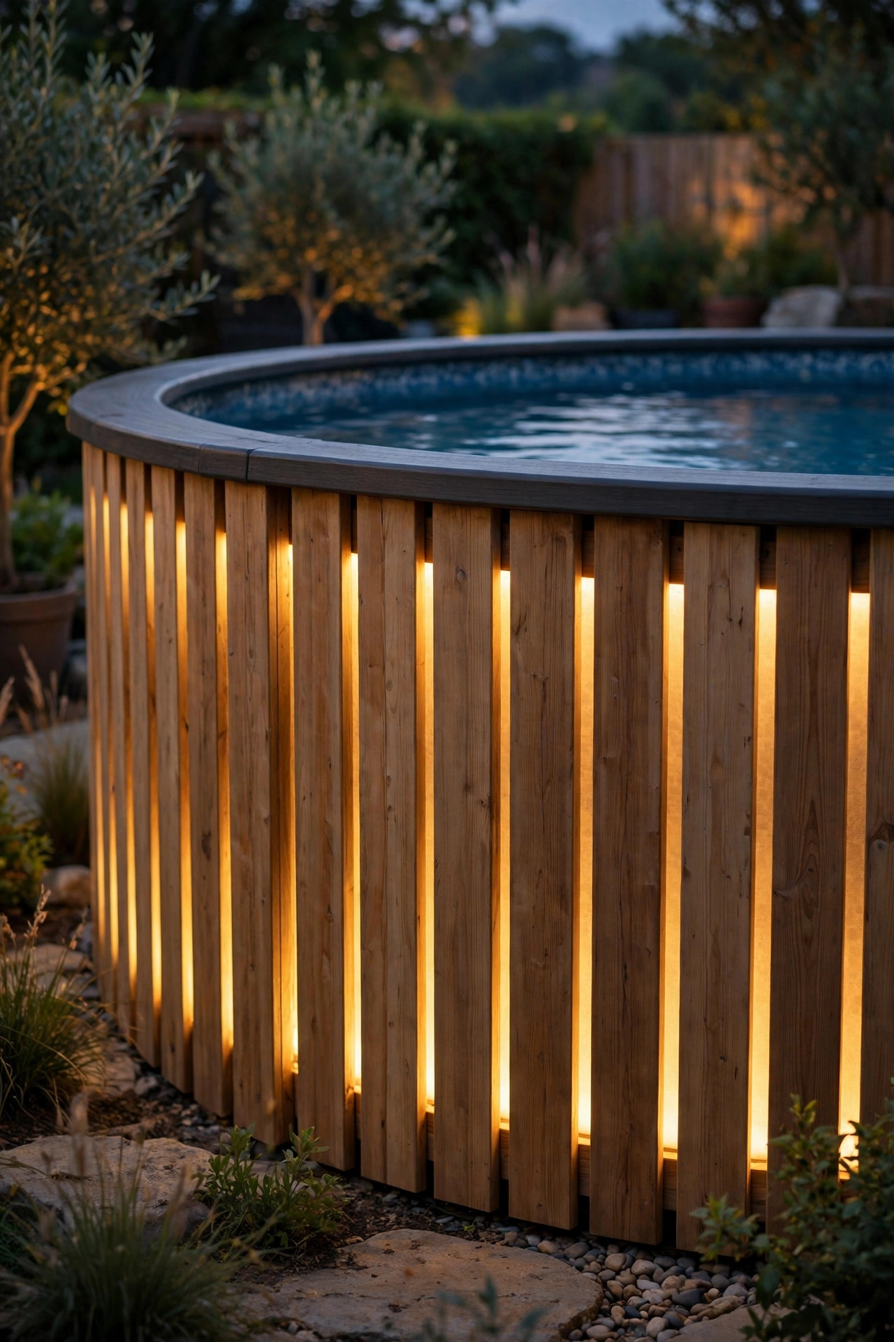 Wooden slat skirting around the base of an above-ground pool with warm light glowing from behind the panels