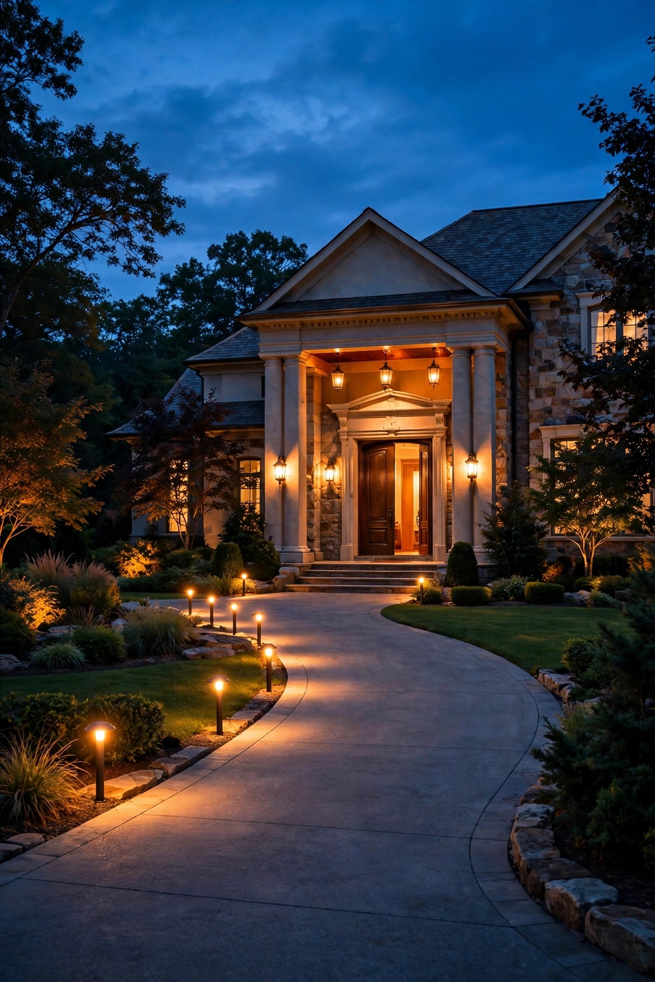 A front yard lighting scene transitioning at dusk, driveway and entry lights brightening in sequence as a car approaches the glowing entrance