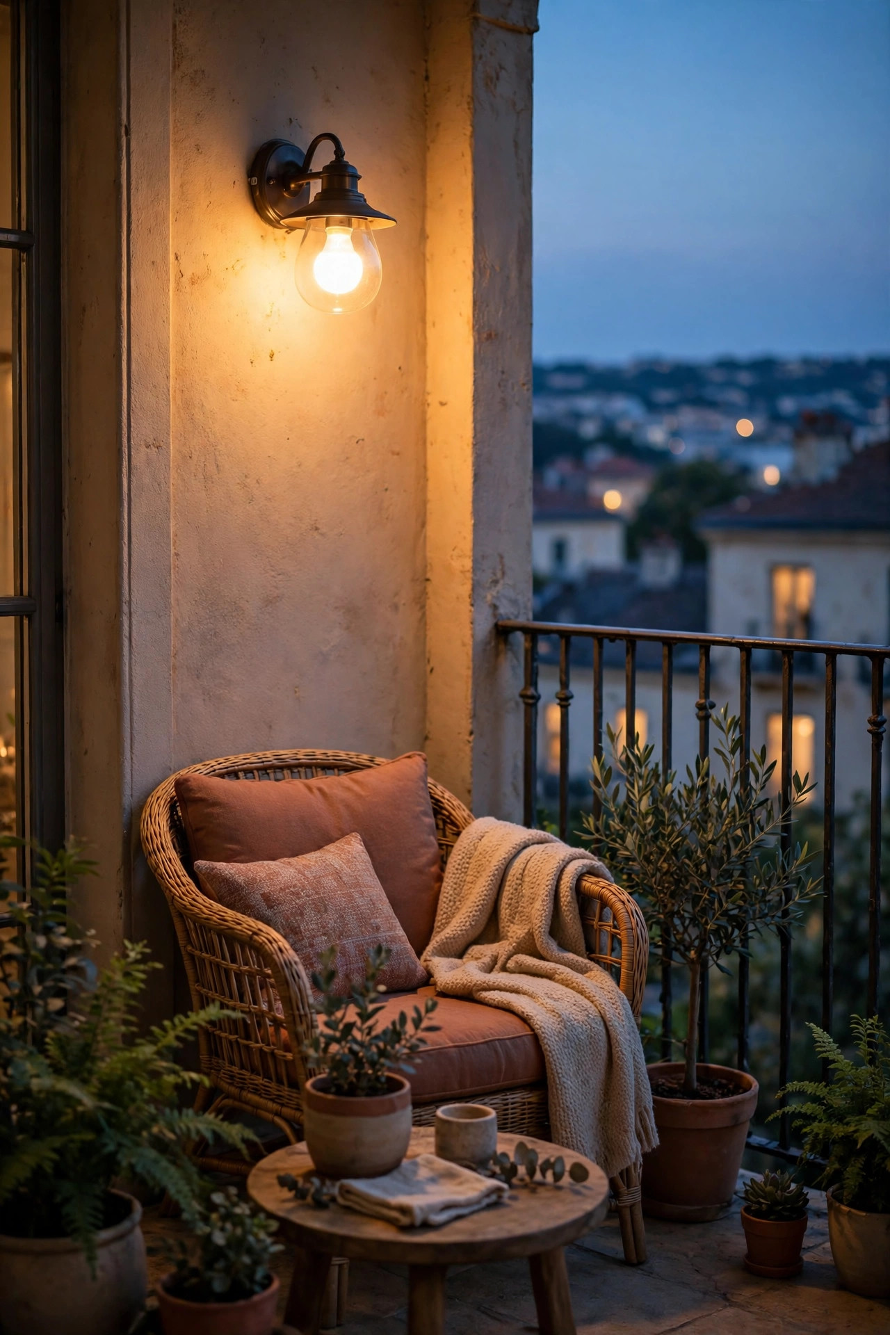 Warm smart bulb glowing in an existing balcony wall fixture above a cozy evening seat