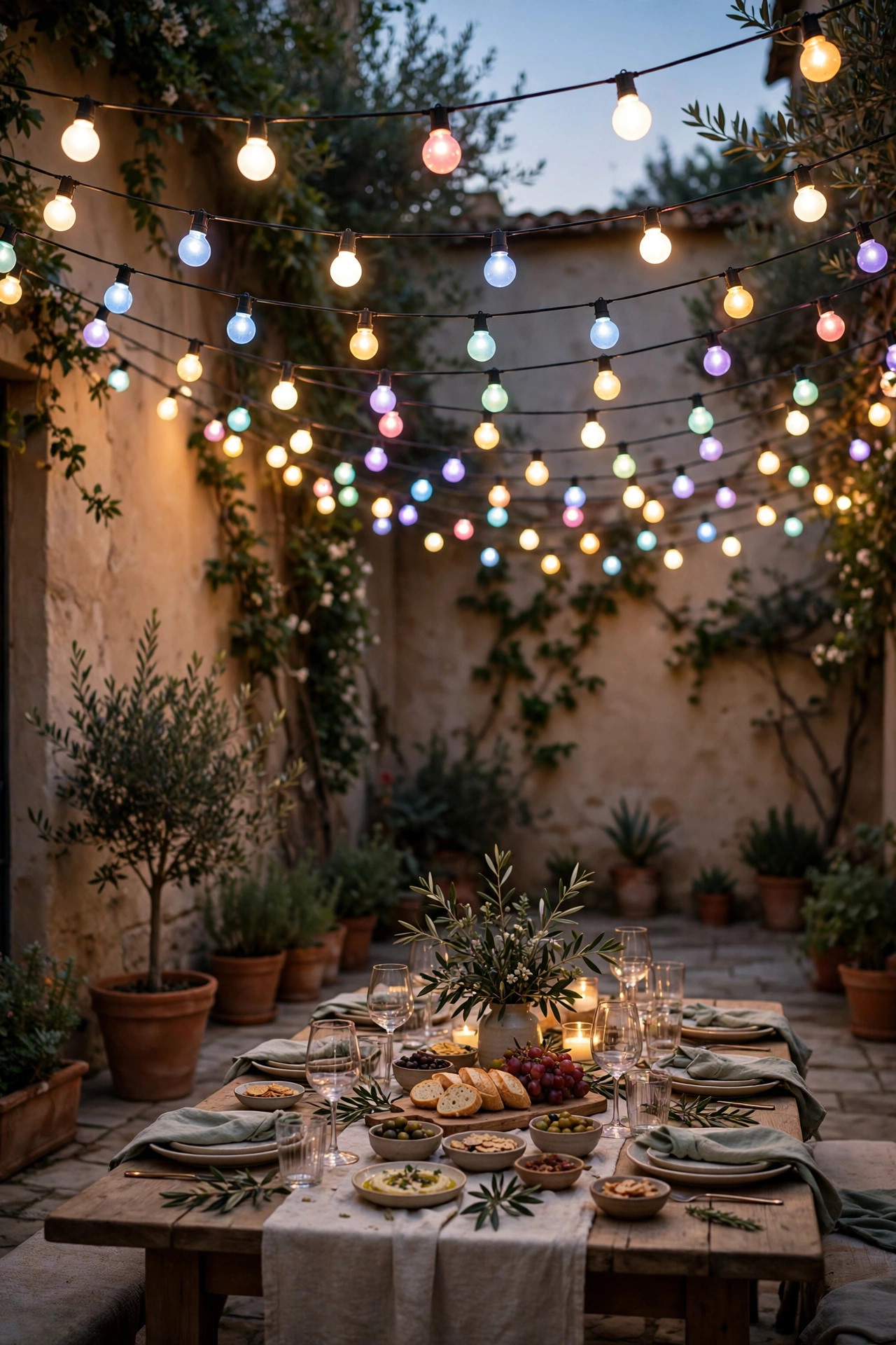 Courtyard string light canopy with a mix of warm white and soft colored smart bulbs over a party table
