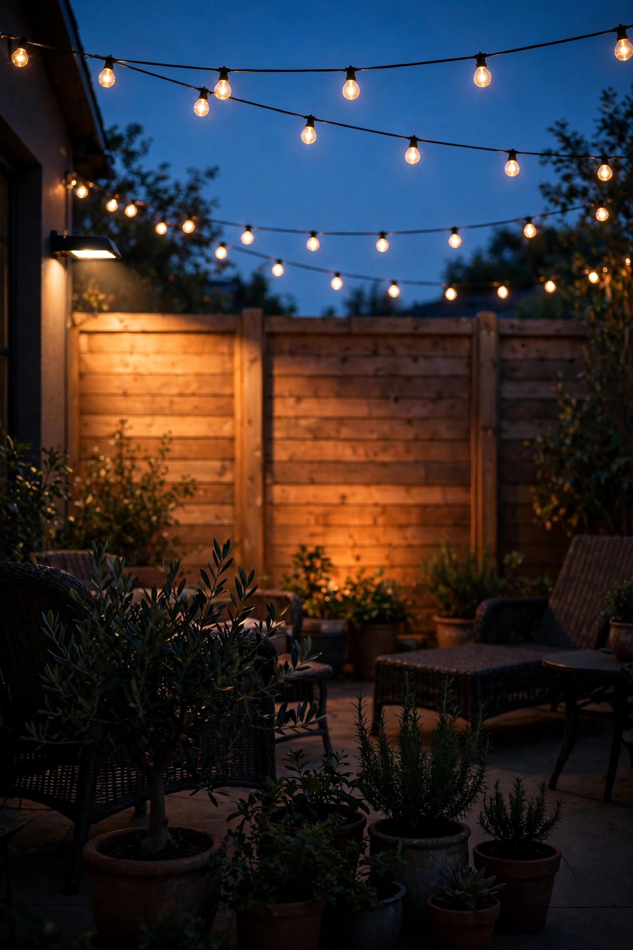 Smart color-changing wash light casting a warm glow on a back fence behind a patio