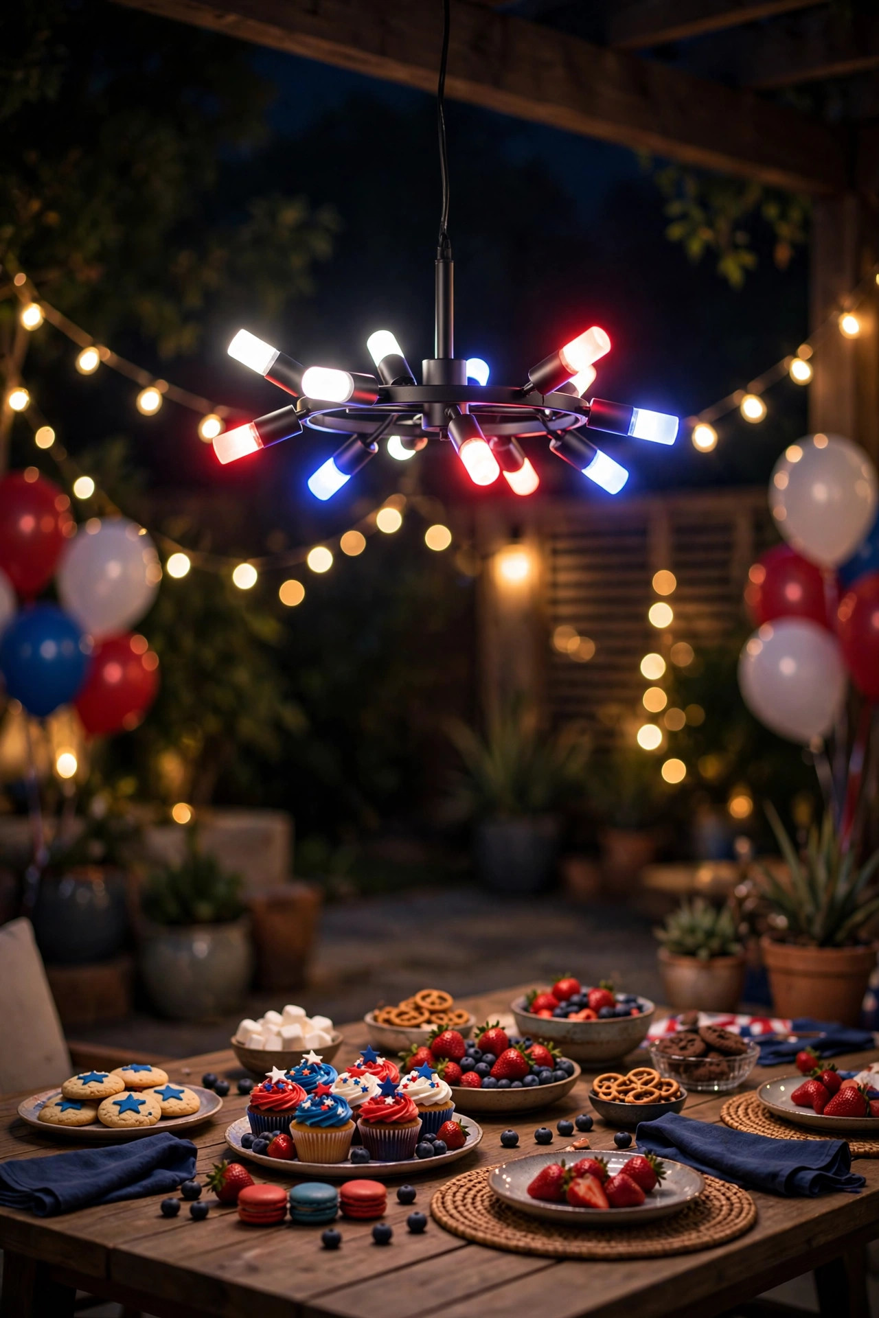 Color-changing smart outdoor chandelier glowing red white and blue over a patio party