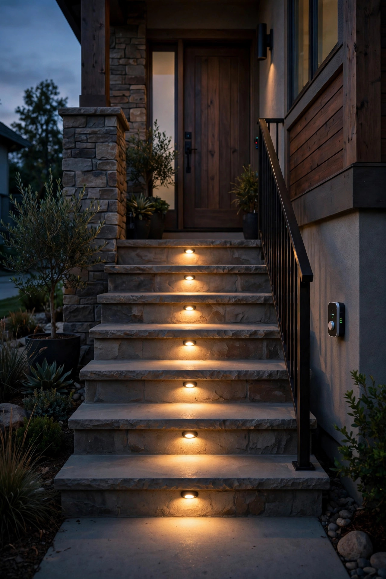 Recessed step lights dimmed to a soft evening glow on a front staircase controlled by a smart timer at dusk