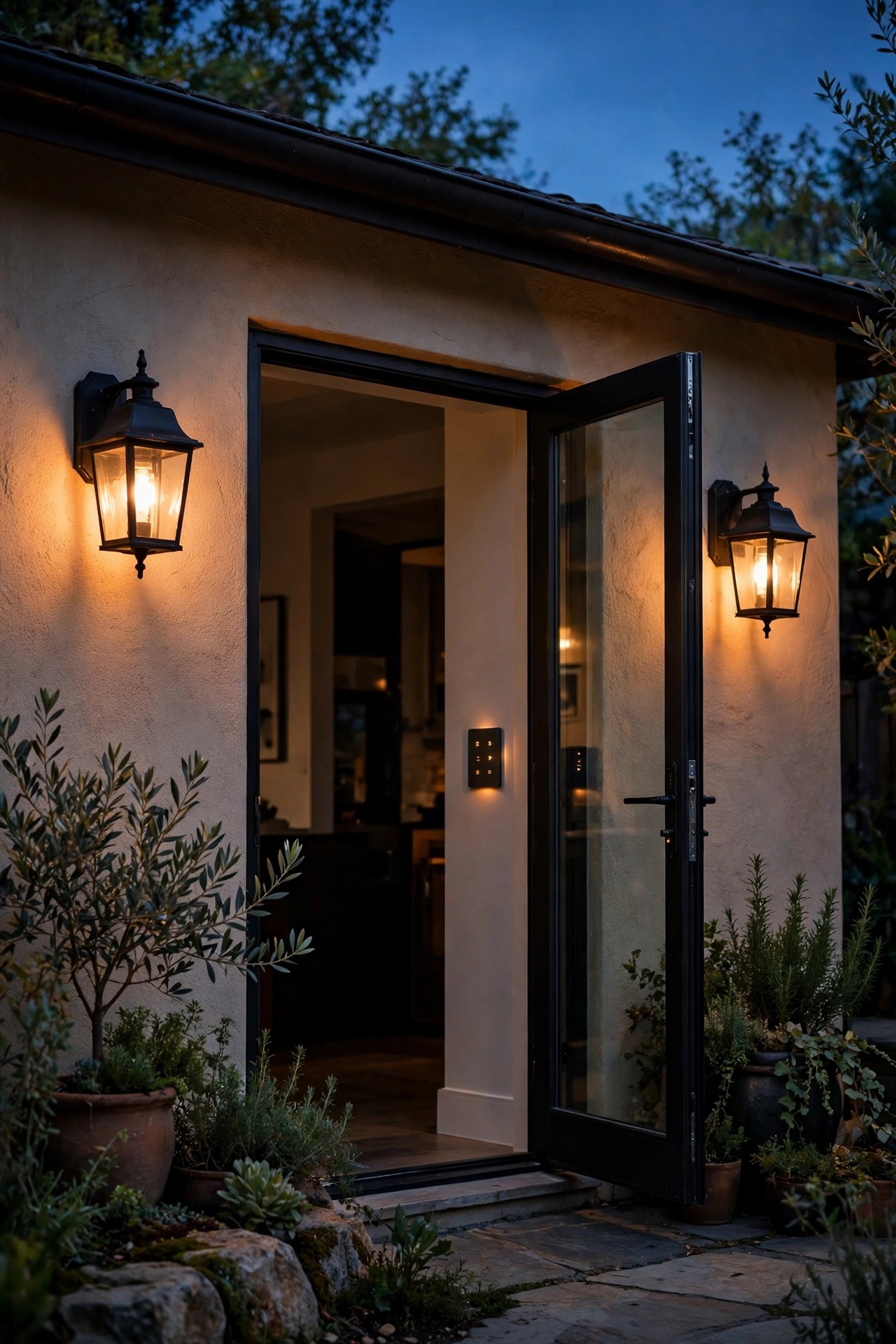Smart switch controlling classic outdoor wall lanterns beside a backyard patio door at dusk