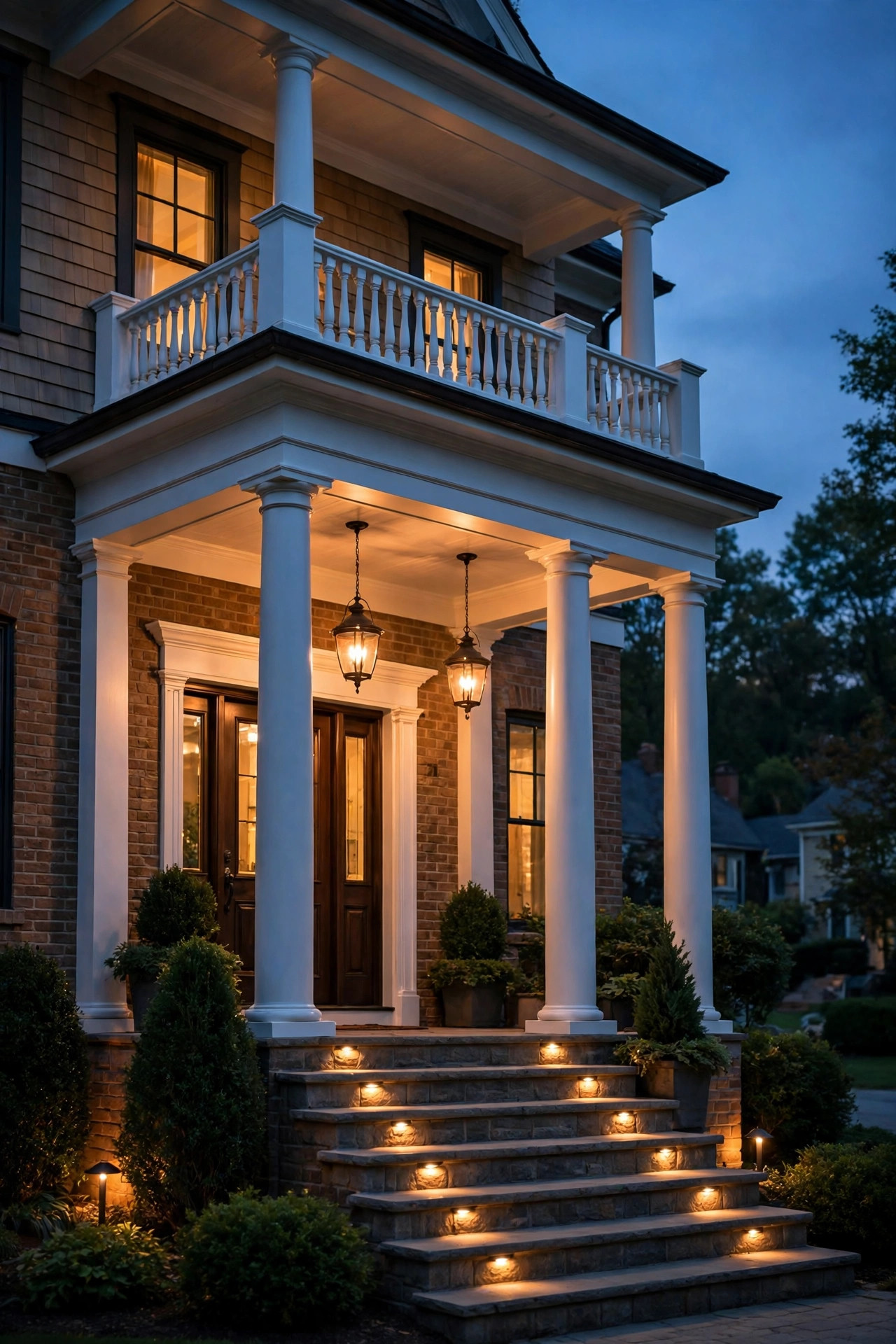 Two-story portico glowing in layered evening light with columns, pendant and step lights on a dusk timer