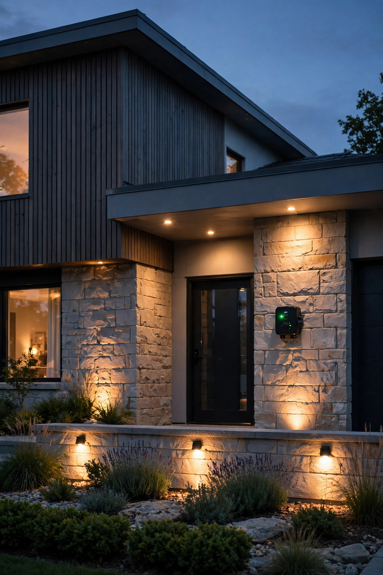 Home facade at dusk with spotlights on a timer glowing warmly as evening falls, welcoming automated scene