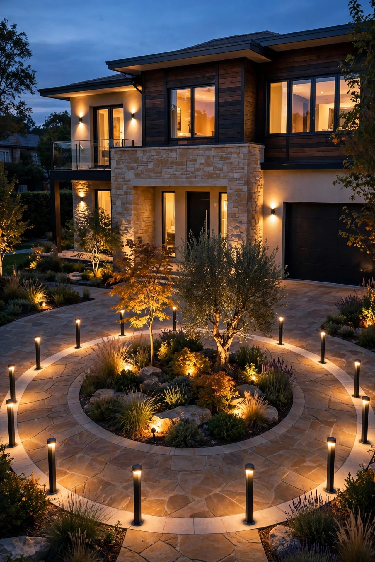 Circular driveway lighting zones glowing in sequence at dusk, island accents and bollard ring on separate warm timers
