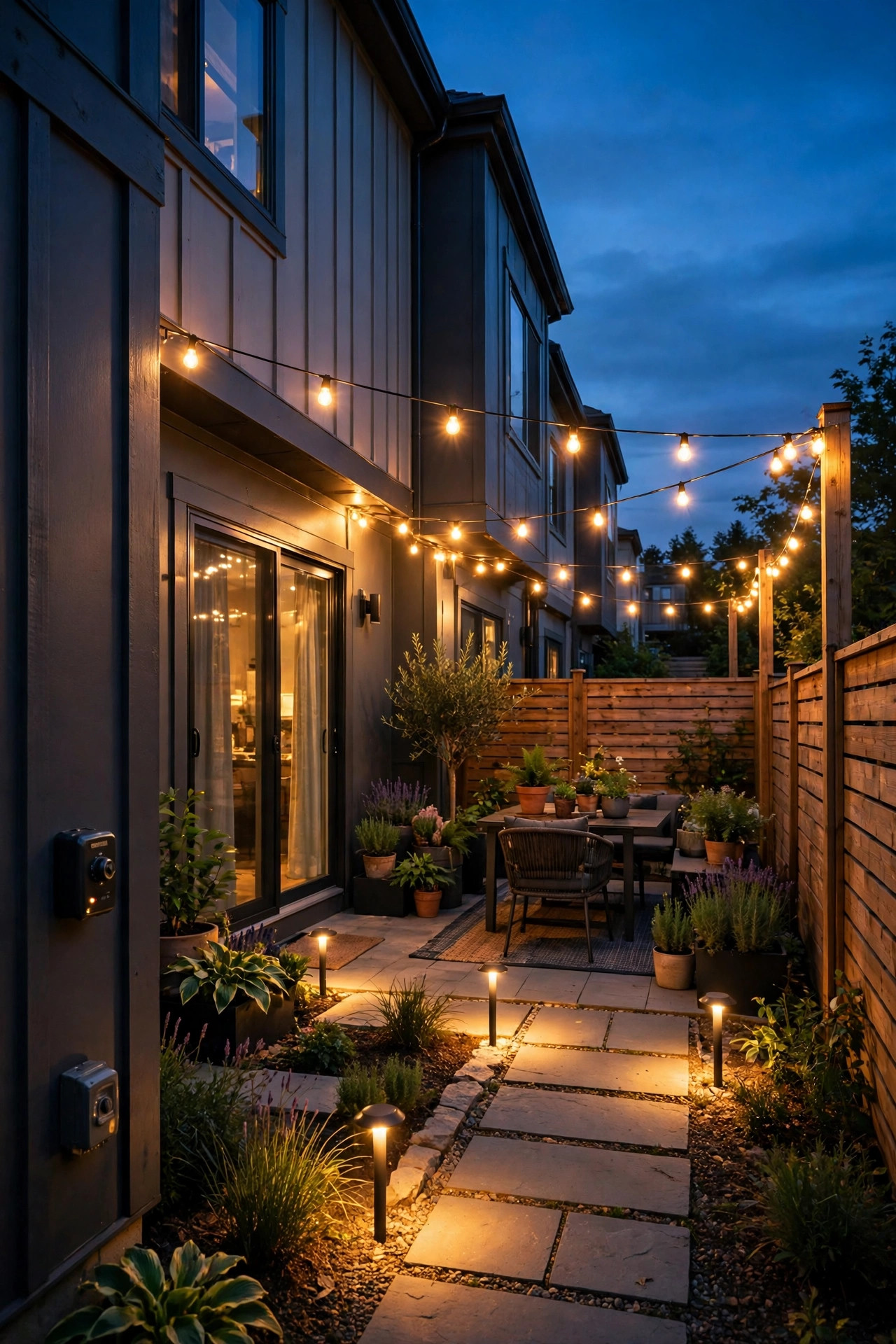 Townhome backyard lighting glowing on a timer at dusk with string lights and path lights on together