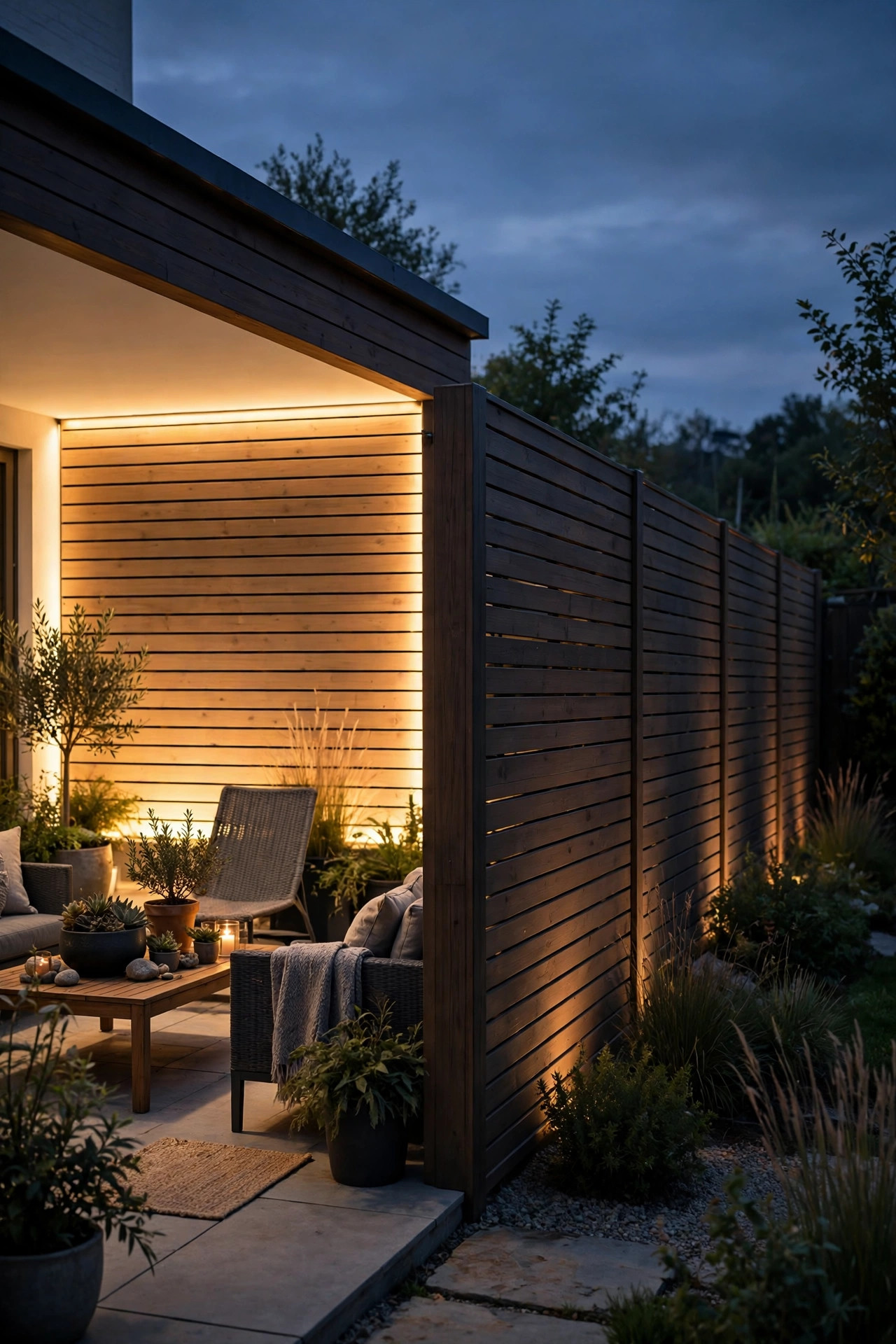 Zoned smart fence wash lighting with the patio section glowing brighter than the side fence