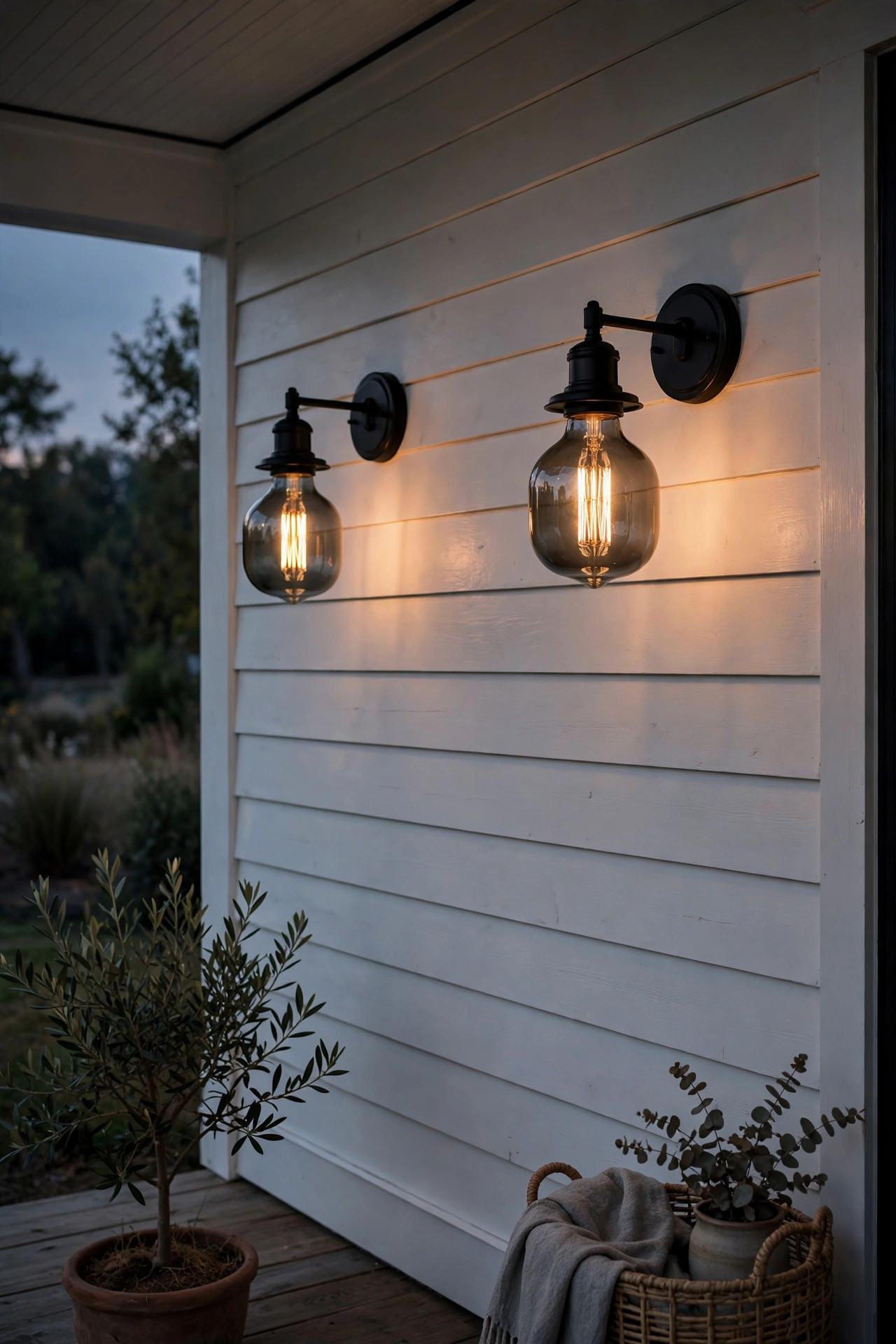 Smoked-glass vintage filament bulbs glowing dim and moody in black sconces on a white modern farmhouse porch