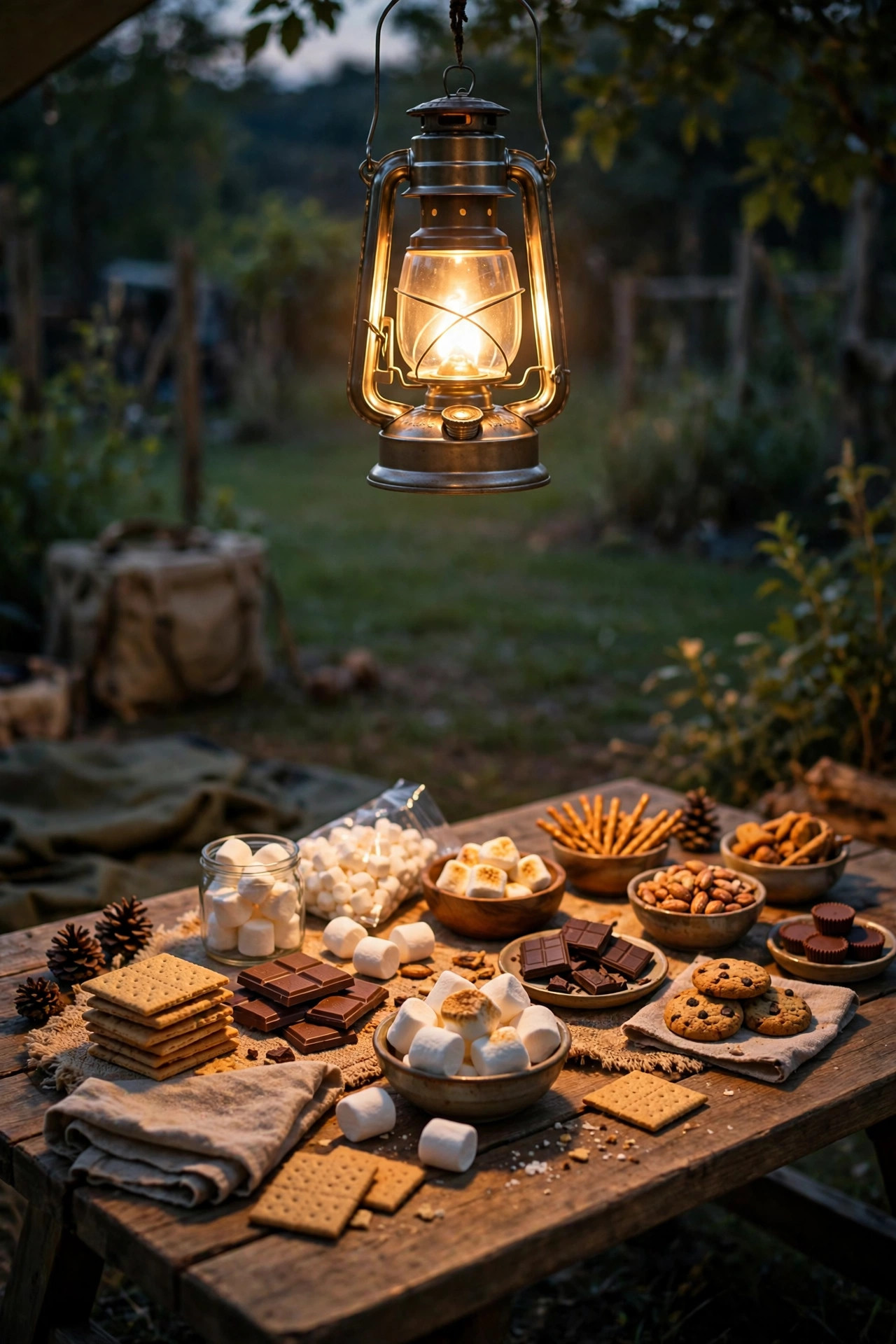 S'mores and snack table at a backyard campout lit by one bright warm lantern overhead