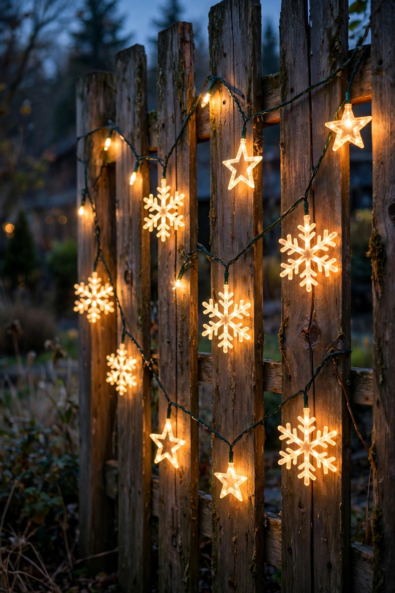 Wooden fence panels decorated with glowing snowflake and star Christmas light silhouettes