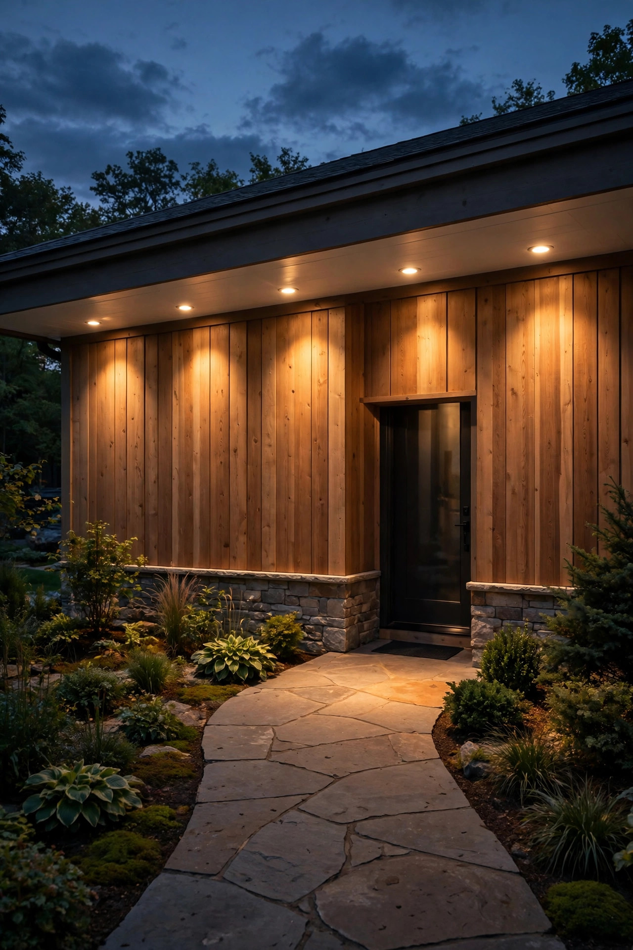Recessed soffit downlights under a home's front eave washing warm light straight down the siding onto the entry walk