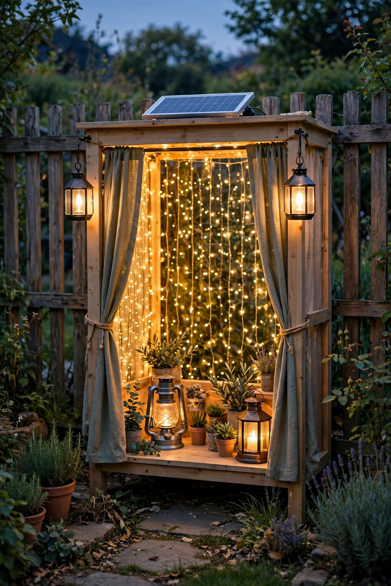 Solar-powered fairy light backdrop and battery lanterns lighting a photo booth by a garden fence with no visible cords