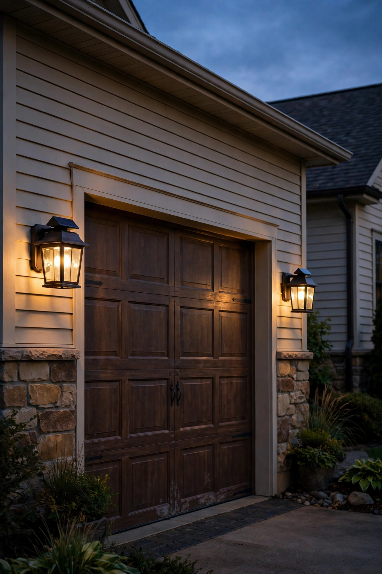 Solar carriage lanterns glowing softly beside a garage door with no visible wiring