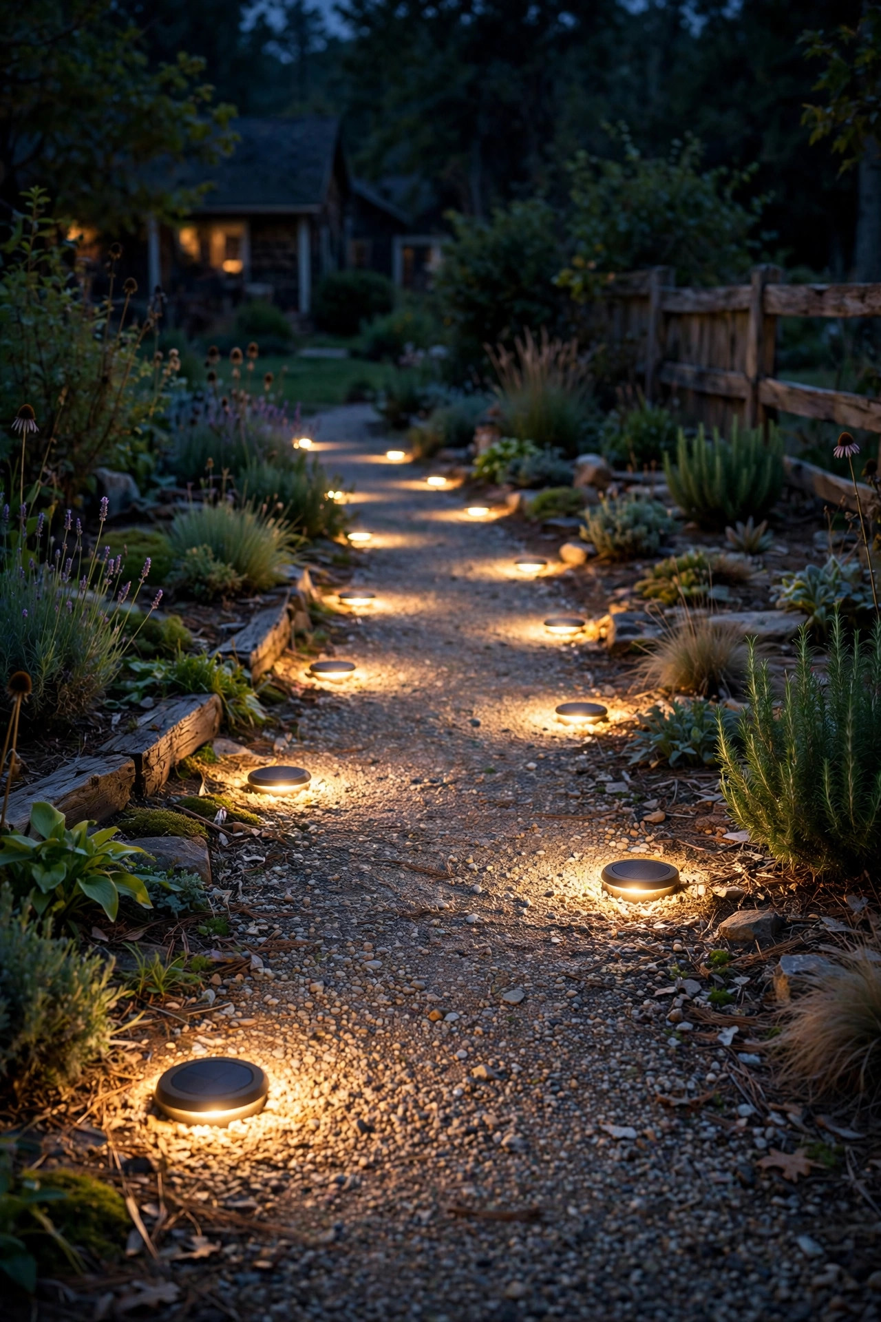Flat solar disk lights glowing along a gravel garden path at night