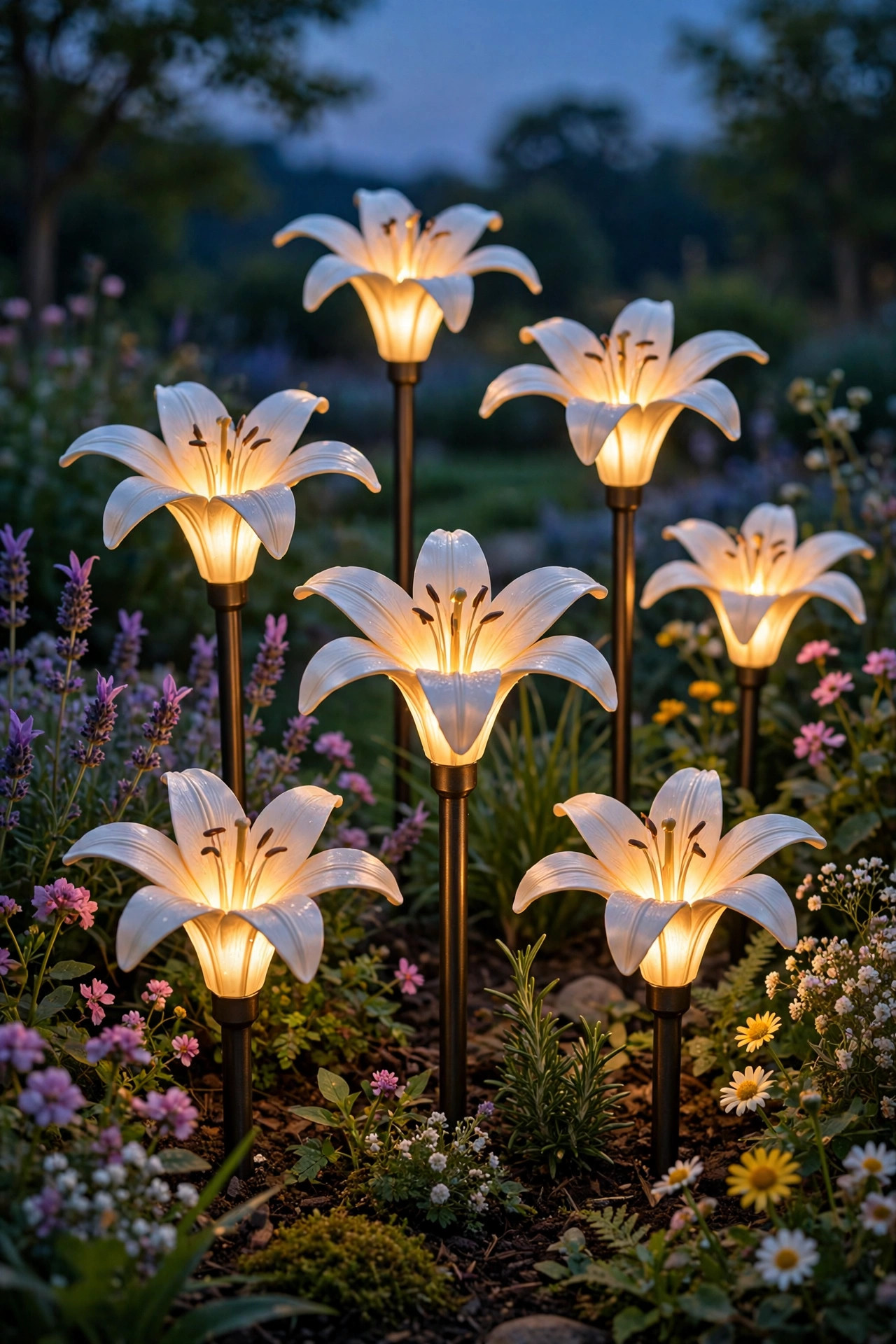 Solar flower stake lights glowing like small blooms among living flowers in a cottage border at dusk